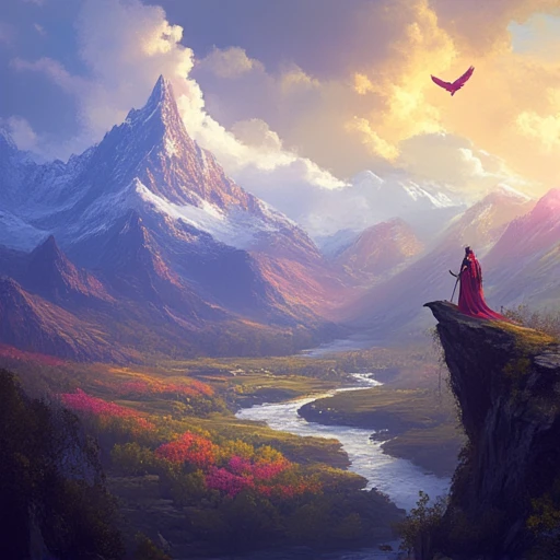 fantstyle, This is a vibrant, fantastical digital painting depicting a mystical, medieval fantasy landscape. The scene is dominated by towering, rugged mountains with snow-capped peaks on the left and right, bathed in hues of blue and purple. The sky above is a gradient of oranges, yellows, and pinks, suggesting a dramatic sunset or sunrise, with fluffy, fluffy clouds and a few birds in flight, including a prominent red bird flying high in the sky.