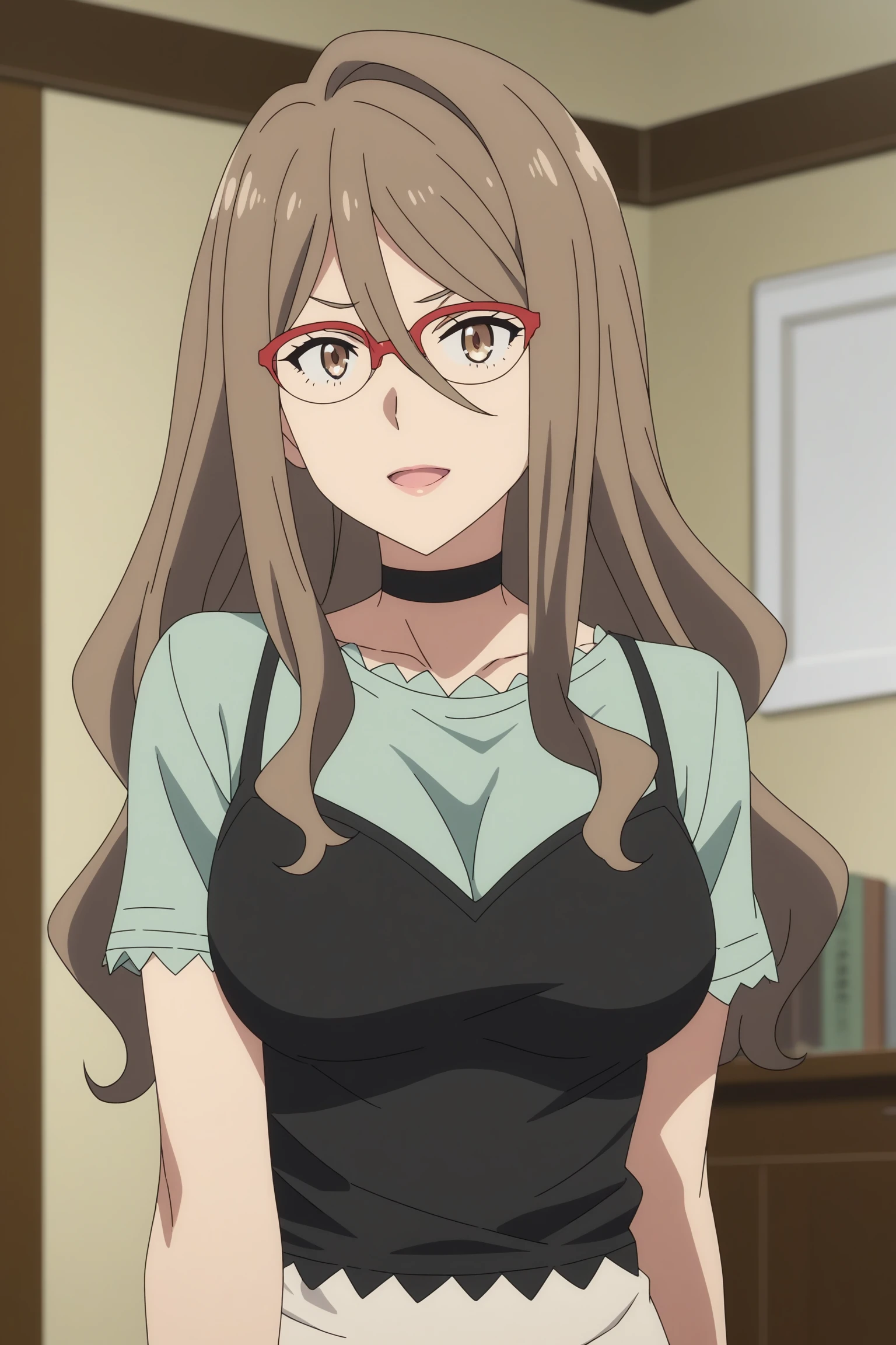 nakahara mizuki, brown hair, long hair, hair between eyes, sidelocks, red-framed eyewear, brown eyes, choker, green shirt, short sleeves, frilled sleeves end, black camisole, frilled camisole, wristwatch, grey skirt, pencil skirt, black pantyhose, black footwear, high heels, <lora:Mizuki_Nakahara:0.8>, score_9, score_8_up, score_7_up, score_6_up, score_5_up, source_anime, rating_safe, medium breasts, indoors, living room, 1girl, solo, looking at viewer, <lora:age_slider_v4:2>, (upper body:1.2), (anime screencap:1.5)