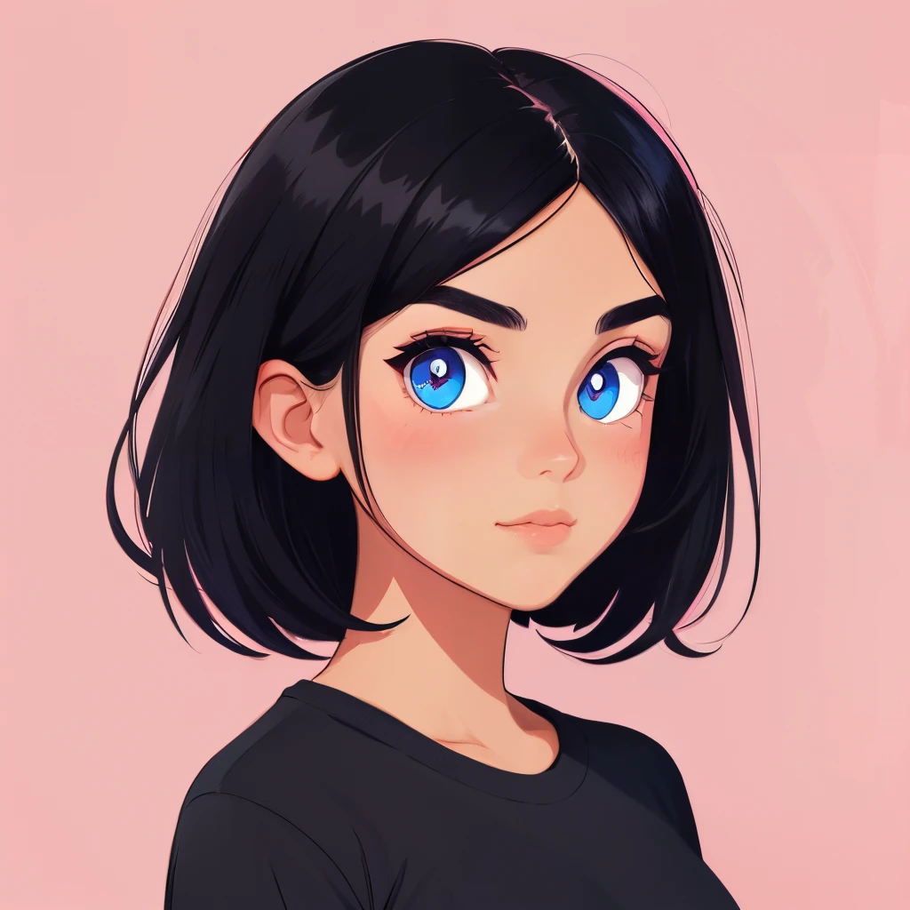 portrait, flat illustration of a girl with black hair and blue eyes on a pink background