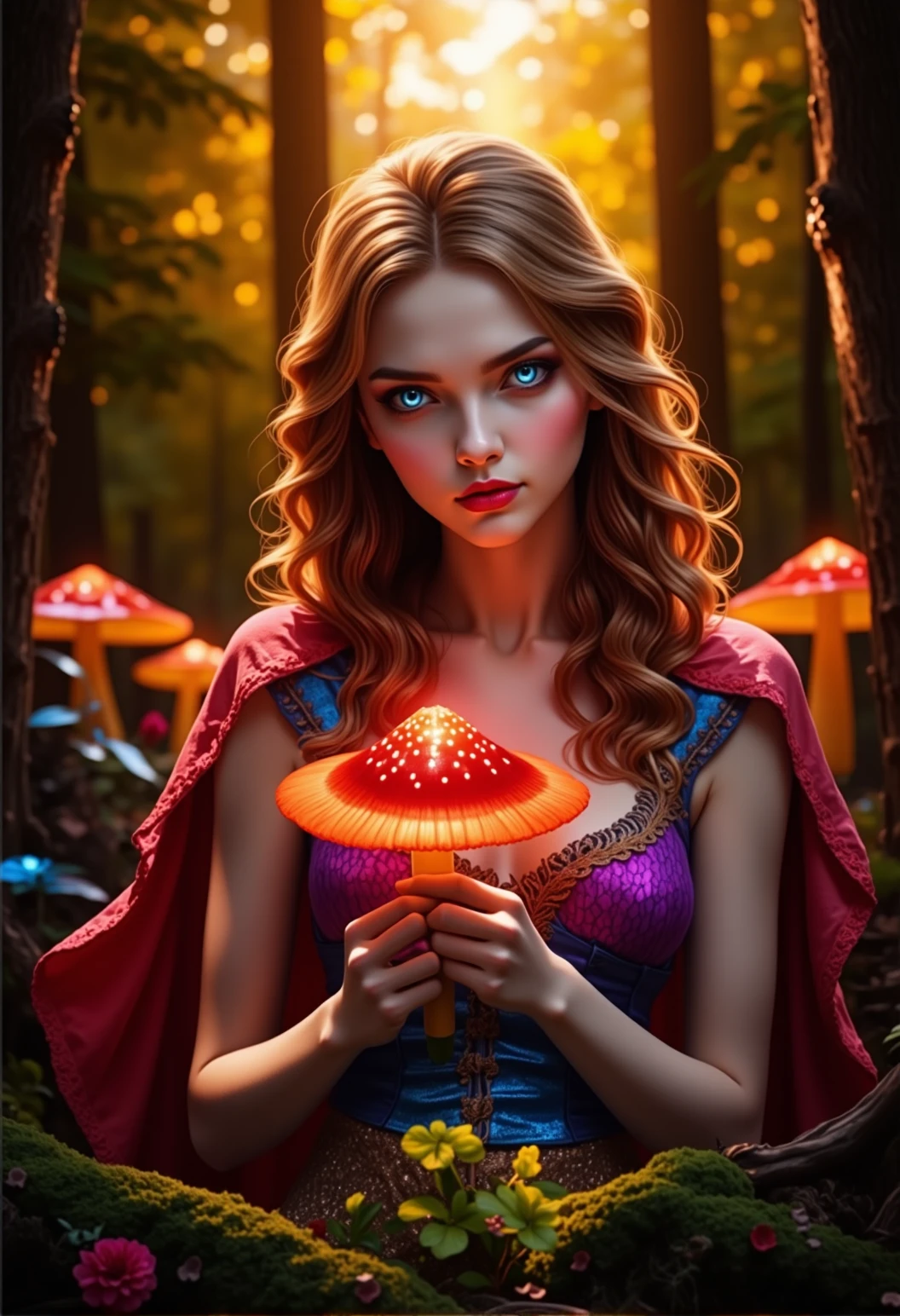 bv-betdigpor. A young woman with vibrant expressions at an enchanted forest with glowing mushrooms. The scene is illuminated by warm golden evening sunlight. The young woman is holding or displaying a clear sign that reads "Better Digital Portraits", in a digital display. The image has a "Better Digital Portraits" aesthetic, focusing on flawless skin, vibrant colors, and deep contrasts. , <lora:bv-better-digital-portrait.safetensors:1.0:1.0>