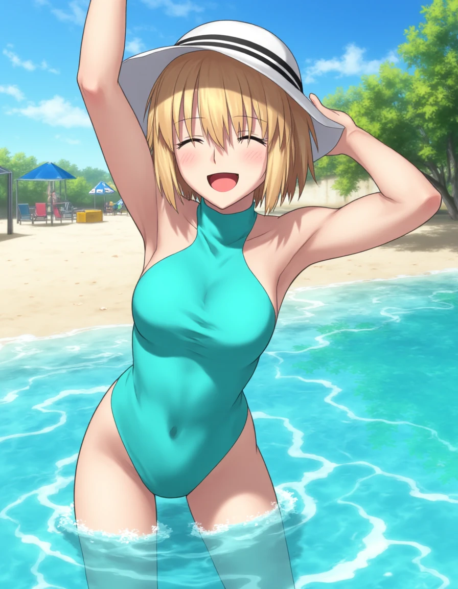 [INFO FOR CIVITAI USERS (don't include this on real prompt lol): Scheduler BETA, Distilled cfg 9, Lora Weight 0.7] Arcueid, 1girl, solo, short hair, bangs, blonde hair, red eyes, slit pupils, ahoge, hair intakes, antenna hair. Arcueid stands in the shallow waters of a sun-kissed beach, her body partially submerged in the crystal-clear waves. Her arms are raised in triumph, and her eyes are closed, with a wide, joyful smile spreading across her face. She wears a sleek, high-necked tankini, a vibrant shade of turquoise, and a classic, striped beach hat shades her face from the intense sunlight. The camera is positioned at a low angle, looking up at Arcueid from the water's edge, with a pronounced fisheye effect that distorts the surrounding scenery, making her the clear focal point. The water splashes around her, creating a sense of movement and energy, while the sun beats down upon her skin, casting a warm glow over the entire scene. The background is a blurred, curved line of palm trees and beach umbrellas, a vibrant, tropical landscape that seems to stretch on forever.