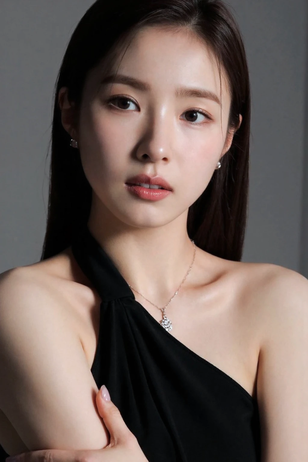 medium full shot of beautiful asian girl , wearing black halter dress, gray background, studio lighting, necklace, dslr, soft lighting, high quality, film grain, light reflections, blood vessels, pale skin, skin pores,blood vessels in sclera, detailed skin, beauty spots, skin fuzz,<lora:flux_realism_lora:1>, . <lora:makinaflux_shinsekyung_v1.0:1>