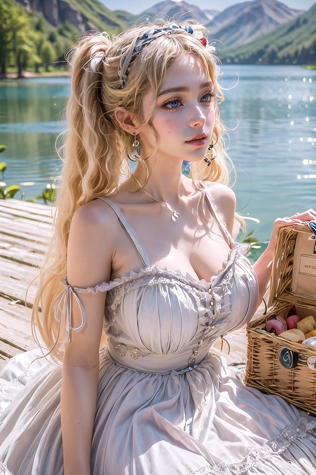 (masterpiece, best quality:1.2),illustration,8k,hd,1 girl,blonde hair,very long hair,solo,(collarbone:1.2),looking at viewer,twintails,
picnic,white dress,jewelry,earrings,hairband,frills,big breasts,outdoors,(day, lake:1.5),extremely detailed dress,crystalstexture skin,front view,