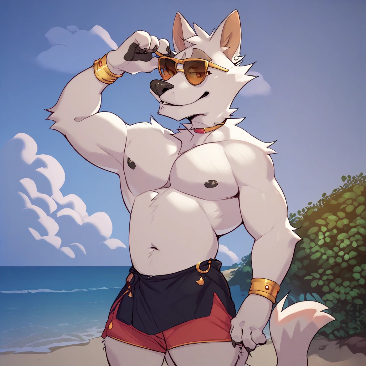 A white dog with green eyes shirtless on the beach wearing a Speedo
