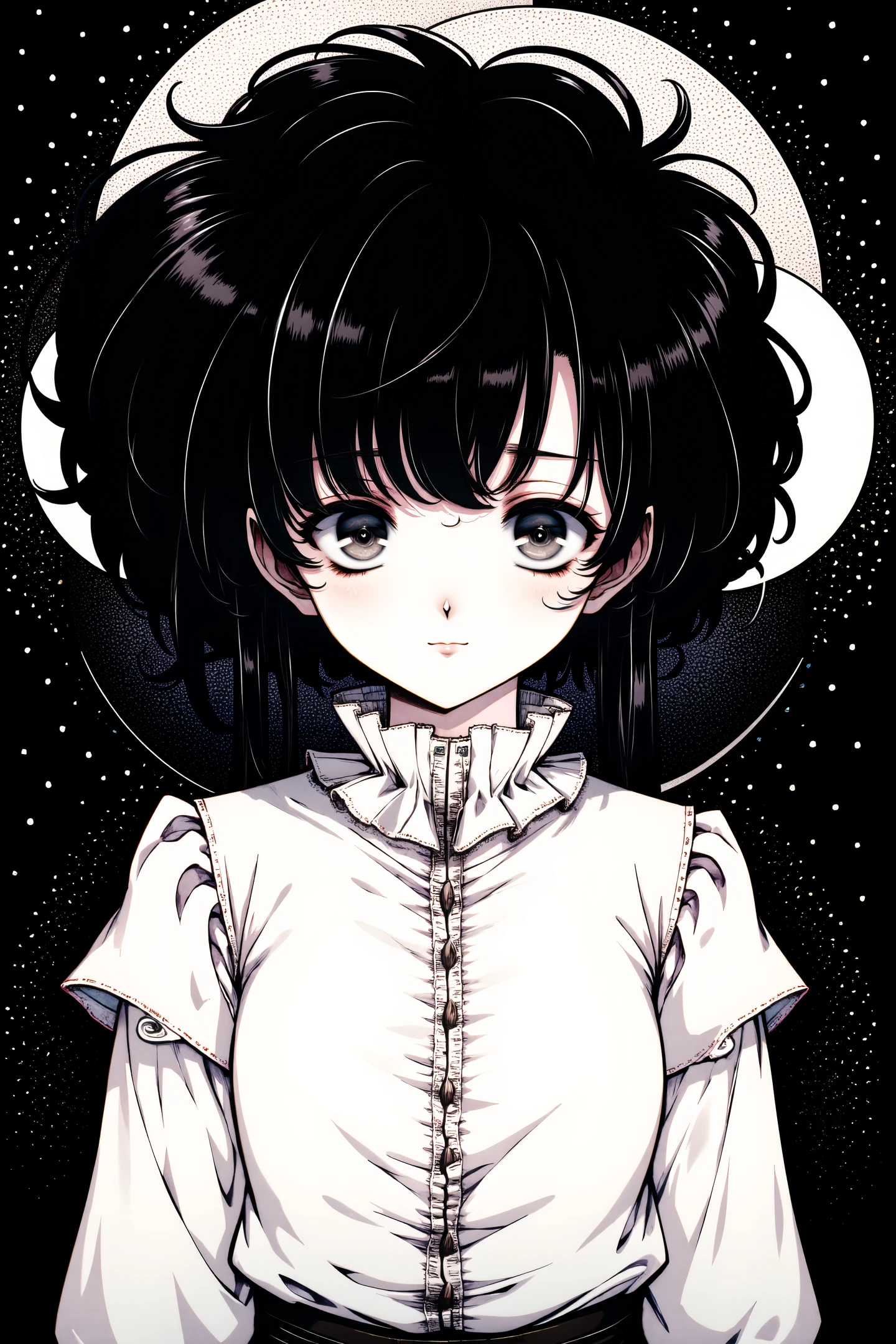 1girl,solo,looking at viewer,black hair,long sleeves,closed mouth,frills,shirt,upper body,short hair with long locks,straight-on,white shirt,moon,expressionless,
The background is dark,and have lots of white polka dot pattern,which contrasts sharply with the character's light-colored clothing,making her the focal point of the image.Old style celu flat coating style.,
<lora:Old Fashioned Celluloid_FLUX:1>,