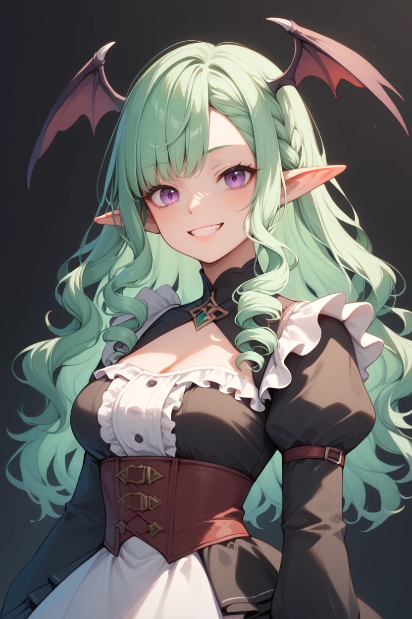 score_9, score_8_up, score_7_up, 1girl, solo, grin
(pale green hair:1.1), light purple eyes, wavy curls, straight bangs, shoulder length hair, cirle curls, asymmetrical bangs, breasts, medium breasts, pointy ears, elf, portrait,
long sleeves, dress, frills, dark background
 <lora:HeadWingsPony:1>  demon head wings, red head wings, black head wings, multicolored head wings