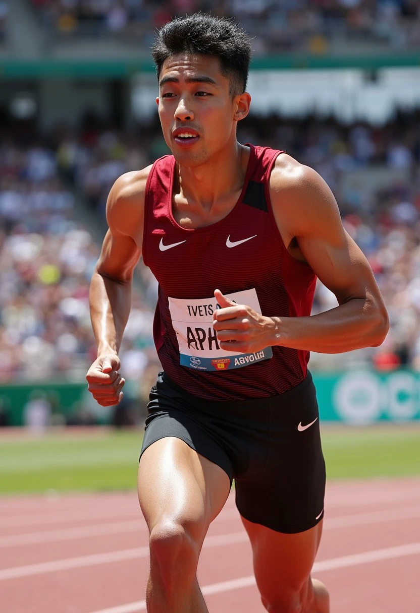 (chengman, 20 yo male, slim athletic), running in track and field, competition, racing, action scene, looking at viewer, open mouth, sweating, natural light, close up view