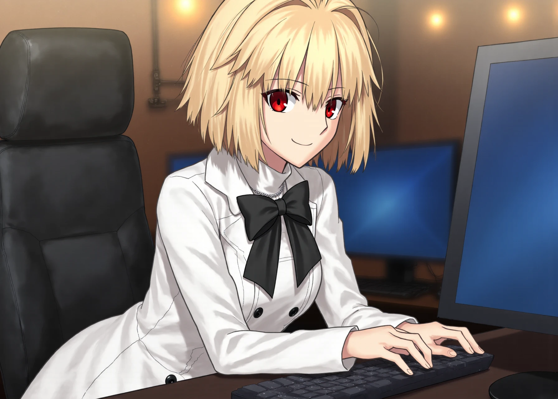 [INFO FOR CIVITAI USERS (don't include this on real prompt lol): Scheduler BETA, Distilled cfg 7, Lora Weight 0.9] Arcueid, coatarc, 1girl, solo, short hair, bangs, blonde hair, red eyes, slit pupils, long sleeves, ahoge, white coat, big black bow, black buttons, black thighhighs boots, necklace, turtleneck, hair intakes, antenna hair, silvery necklace.  Arcueid sits in front of a sleek gaming setup, her eyes fixed on the screen as she dominates the game. The camera zooms in on her face, capturing her satisfied smile and focused expression. Her gaming headsets frame her face, which is illuminated by the soft, blue glow of the screen. The lens is positioned at a 45-degree angle, looking up at Arcueid from a low vantage point, emphasizing her confidence. The background is a blurred mess of cables and screens, but Arcueid's face is the clear focal point. Her hands move swiftly over the keyboard and mouse, her fingers flying across the keys with ease. The image is bathed in a warm, golden light, contrasting with the cool tones of the screen, creating a sense of depth and dimensionality. The camera's shallow depth of field creates a sense of intimacy, drawing the viewer into Arcueid's private gaming sanctuary.