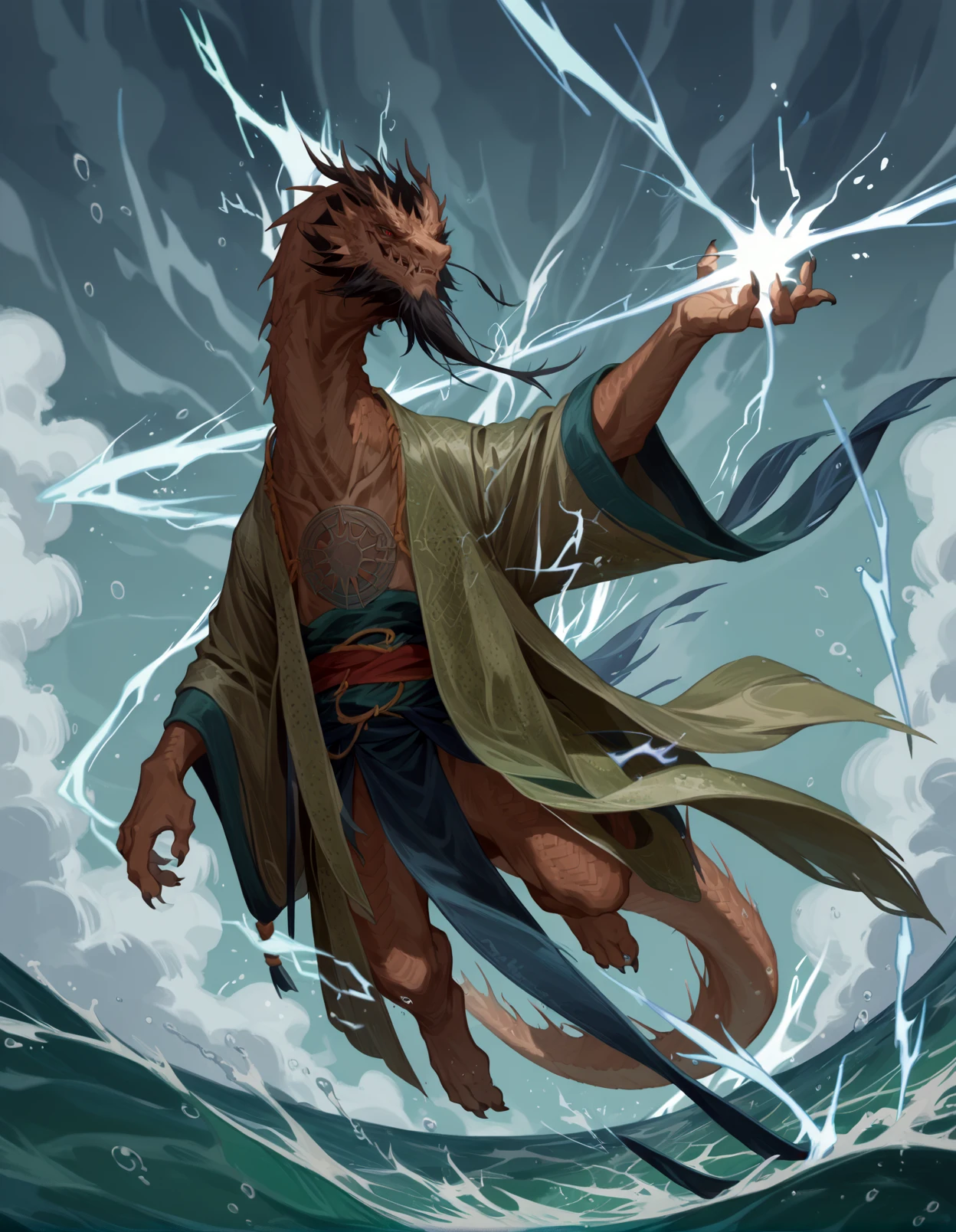 (chenloong:1.2), eastern dragon, score_8_up, score_7_up, source_furry, anthro, solo, male, beard, blue loincloth, green pattern robe, floating, midair, electricity manipulation, casting spell, storm, sea, water splash, pose, dutch angle, low-angle view, red eyes, 
<lora:BlackMythChenLoong_1.0.4:1>