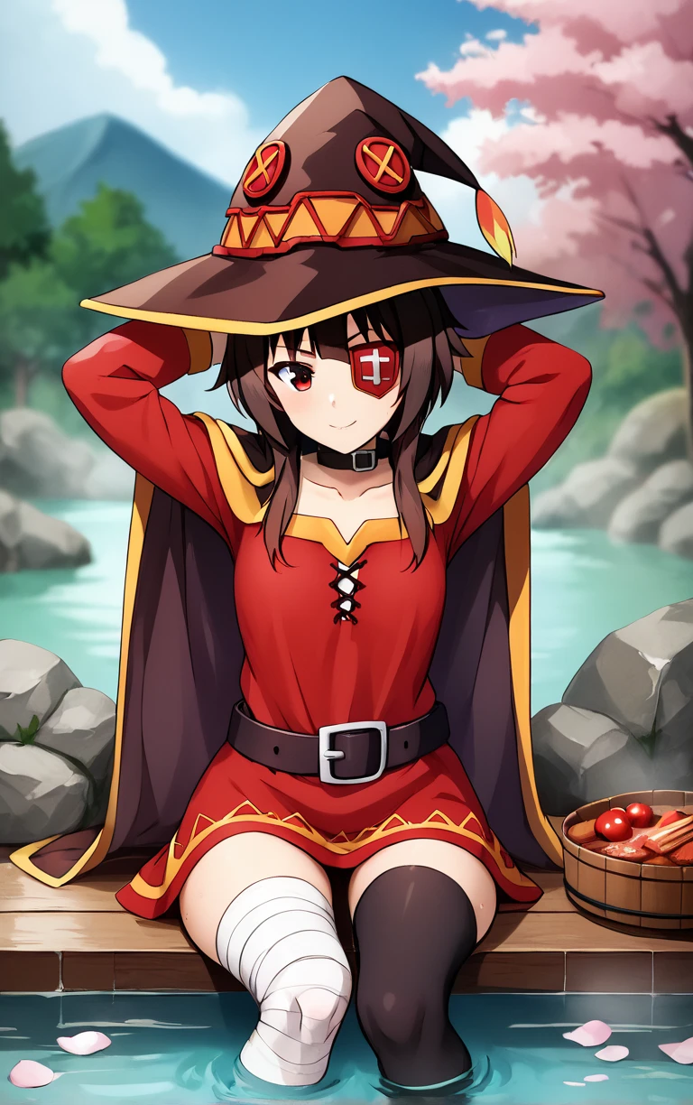 score_9, score_8_up, score_7_up, score_6_up, looking at viewer,  BREAK
EyePatch_Megumin_ownwaifu, 
1girl, brown hair, megumin, short hair with long locks, witch hat, eyepatch, red eyes,collar, choker,  collarbone, bangs, meat, sidelocks,
cape, fingerless gloves, black gloves, red dress, belt, bandages, black cape, bandaged leg, single thighhigh, asymmetrical legwear, black headwear, black thighhighs, black belt, black choker, long sleeves, mismatched legwear,
(sitting, soaking feet, arms behind head), onsen, mount fuji, cherry blossoms, outdoors,<lora:PONYXL_KonoSuba_Megumin_ownwaifu:0.65>, depth of field, solo,