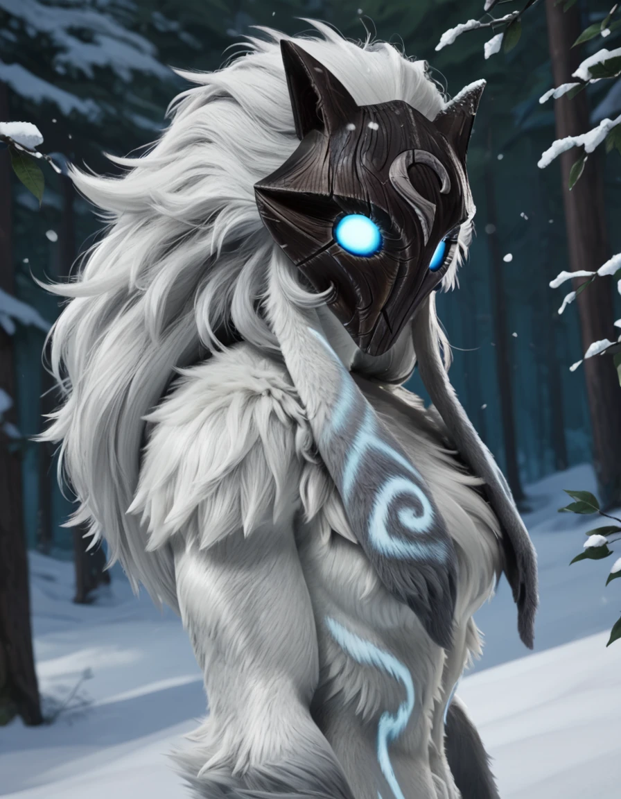 <lora:KindredFLUX:0.8> furry female, kindredlamb, lamb (lol), anthro, sheep, solo, long hair, mask, 1girl, body fur, furry, glowing, glowing eyes, blue eyes, animal ears, white fur, middle shot, vines, leaning on a tree, snow, winter, snowy, tundra forest, natural light,, source_furry, score_9, score_8_up, score_7_up, score_6_up,