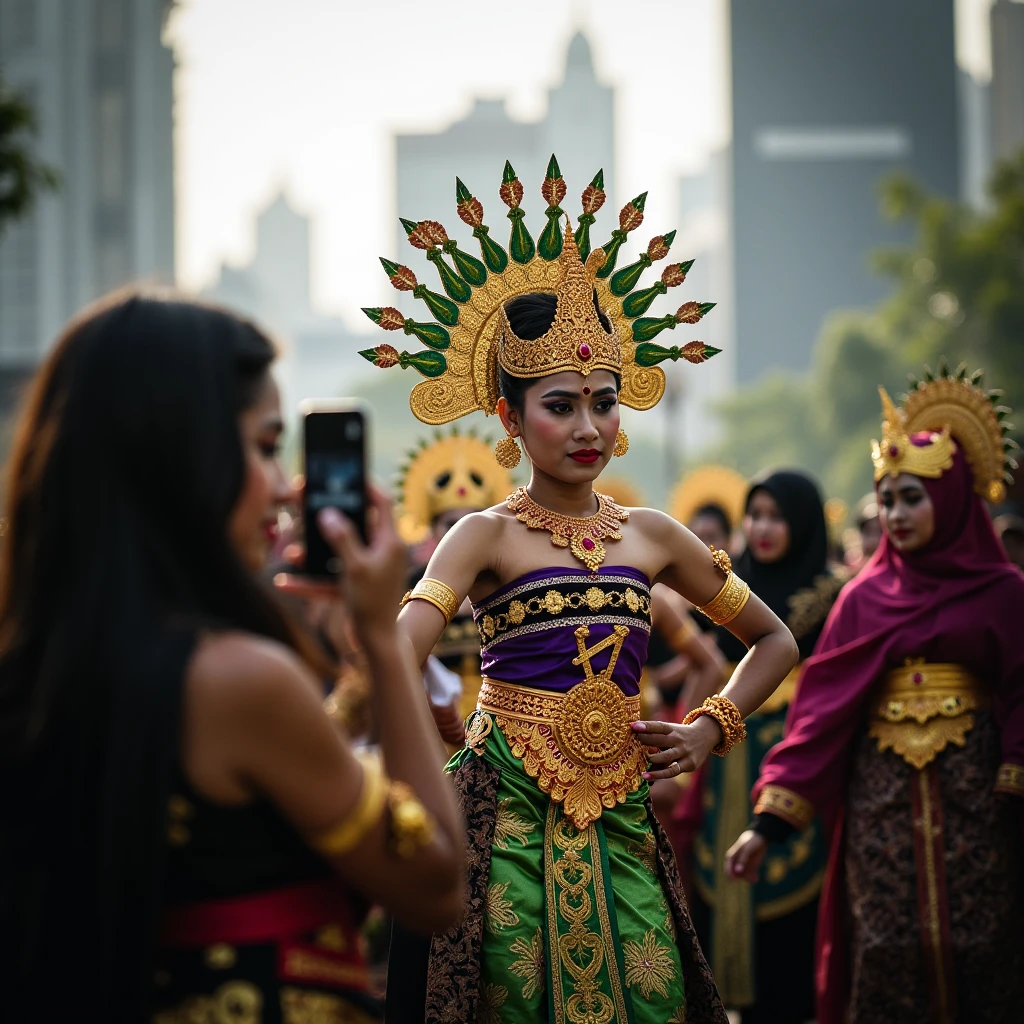 balidancer, high rise building backgrounds, indonesian tourists take photo of balidancer, some wearing hijab, bokeh, cinematic, soft light, focus