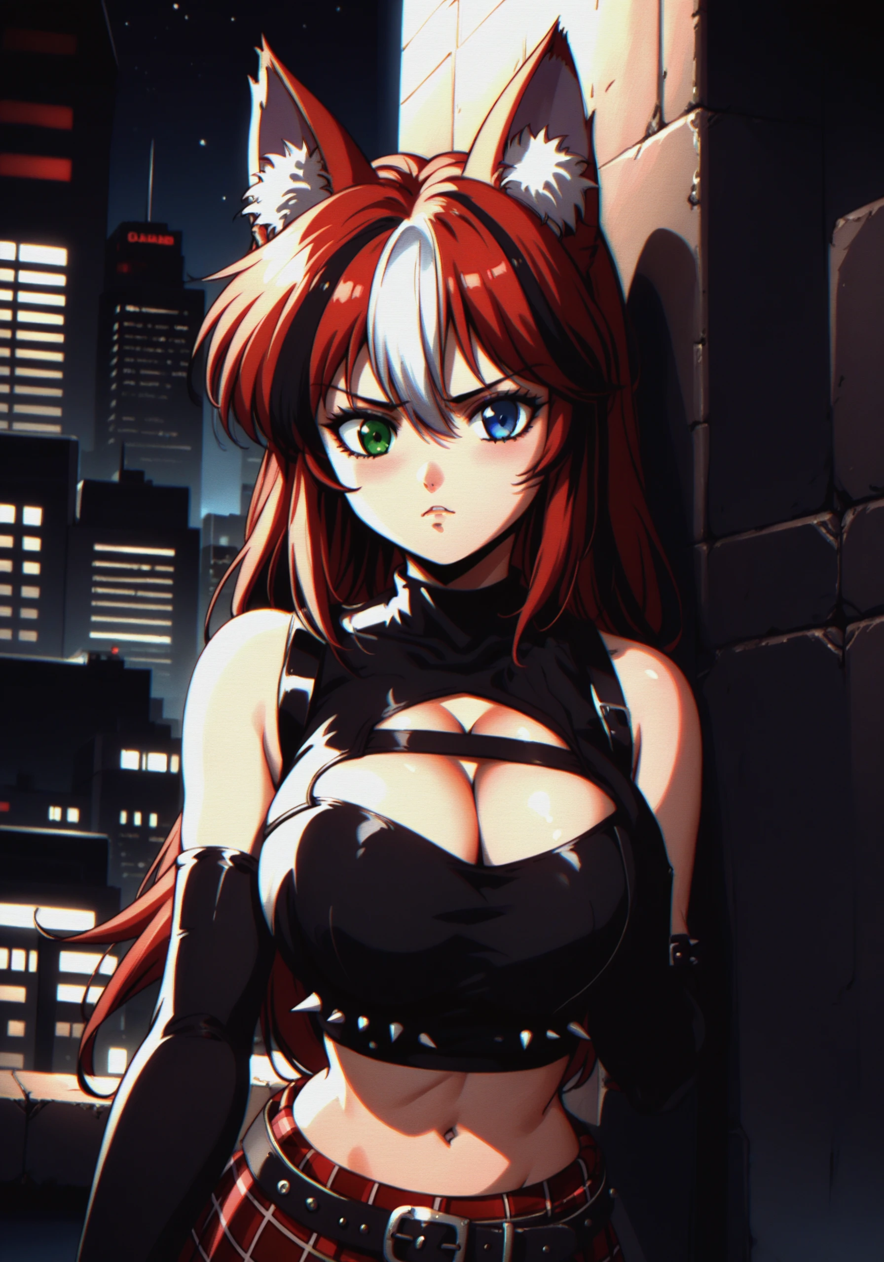 (best quality,4k,8k,highres,masterpiece:1.2),ultra-detailed,(realistic,photorealistic,photo-realistic:1.37) tsundere red haired succubus with a disgusted look on her face, imp tail, horns, sexy outfit, beautiful, modern day city, night time