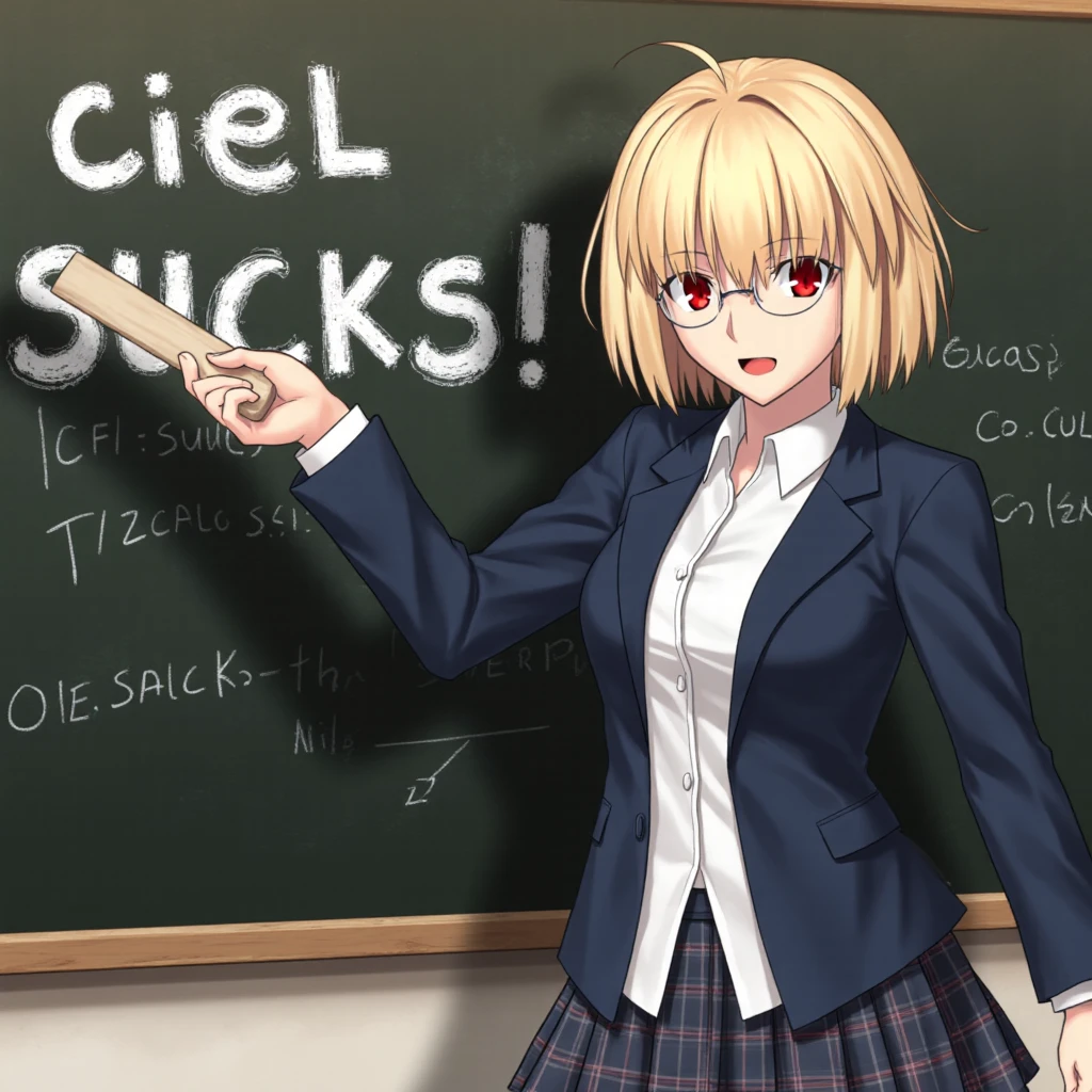 [INFO FOR CIVITAI USERS (don't include this on real prompt lol): Scheduler BETA, Distilled cfg 5, Lora Weight 0.9] Arcueid, 1girl, solo, short hair, bangs, blonde hair, red eyes, slit pupils, ahoge, hair intakes, antenna hair.  Arcueid stands confidently in front of a large, black chalkboard, her eyes fixed on the scribbled text behind her. She wears a crisp, navy blue blazer with a white blouse and a plaid skirt, complete with a pair of wire-rimmed glasses. In her hand, she holds a long, wooden ruler, which she uses to point accusingly at the text scrawled on the board: 'Ciel SUCKS!' in bold, white letters. The chalkboard is a mess of scribbled notes and equations, but the offending phrase stands out starkly, as if Arcueid has been using it to illustrate a point to her students. Her expression is stern, but a hint of amusement plays on her lips, suggesting that she's enjoying the drama of the moment. The camera is positioned at a slight angle, looking up at Arcueid from a low vantage point, emphasizing her commanding presence. The lighting is soft and natural, with a warm glow that highlights the textures of her clothing and the chalkboard behind her.