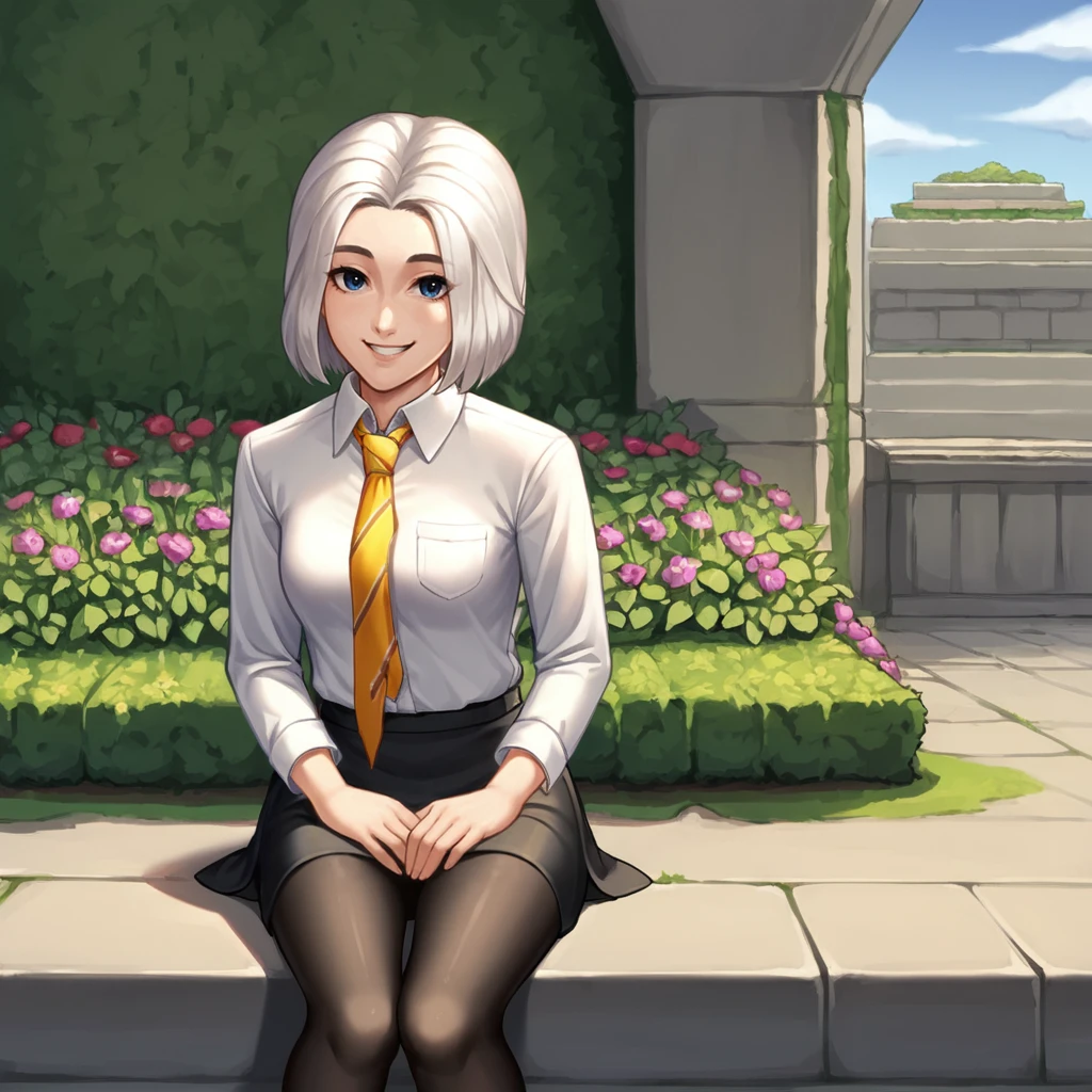 score_9,score_8_up, score_7_up, source_anime, BREAK
garden, outdoors, flower, plant,
<lora:ChiaraLoboscaXL:0.8>, chiaralobosca, 1girl, solo, looking at viewer, smile, collared shirt, white shirt, yellow necktie, striped necktie, black skirt, black pantyhose, thighs, cowboy shot, necktie, medium breasts, sitting,