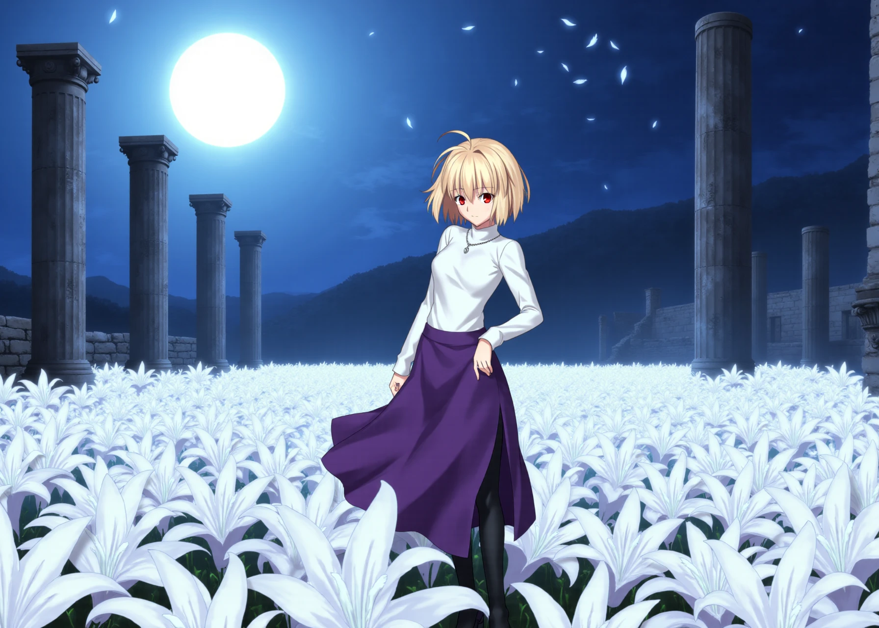 [INFO FOR CIVITAI USERS (don't include this on real prompt lol): Scheduler BETA, Distilled cfg 6, Lora Weight 0.8] Arcueid, purplearc, 1girl, solo, short hair, bangs, blonde hair, red eyes, slit pupils, long sleeves, ahoge, long purple skirt, black pantyhose, black high heels, necklace, white sweater, turtleneck, hair intakes, antenna hair, turtleneck sweater, silvery necklace. Arcueid stands gracefully in the glowing lily field. She isn't posing for anyone, but simply exists as part of the serene landscape, her gaze cast downward in quiet thought. Her feet are not visible because they are covered by flowers. Her tranquil presence seamlessly blends with the ethereal surroundings, making her feel naturally integrated into the scene, surrounded by the moonlit field and the towering, ancient pillars behind her. A large, luminous full moon dominates the sky, casting a soft blue glow that envelops the entire scene. The tall, weathered columns in the background, likely remnants of ancient ruins, stretch upwards, illuminated gently by the moonlight. The field of large, white lilies glows softly, their petals swaying as though touched by an unseen breeze, adding a sense of life and movement to the peaceful atmosphere. Beyond the flowers, distant mountains fade into the misty horizon, wrapped in a gentle haze. Above, the clear night sky is adorned with a few drifting petals or feathers, floating lazily in the air and enhancing the dreamlike quality of the scene. The entire composition is suffused in cool blue tones, creating a calming, otherworldly ambiance that evokes quiet contemplation and solitude.