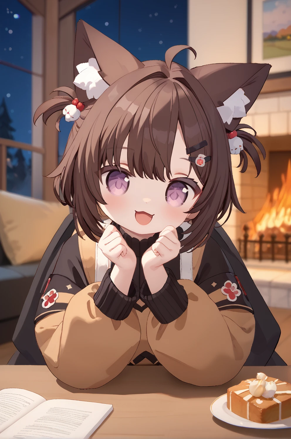 score_9, score_8_up, score_7_up,source_anime, 1girl, sn0w0inari, cute, brown hair, animal ears, hair ornament, twintails, animal ear fluff, short hair, purple eyes, sitting on table, very happy face, indoors, fireplace, masterpiece, very dark, no light, night, lake background