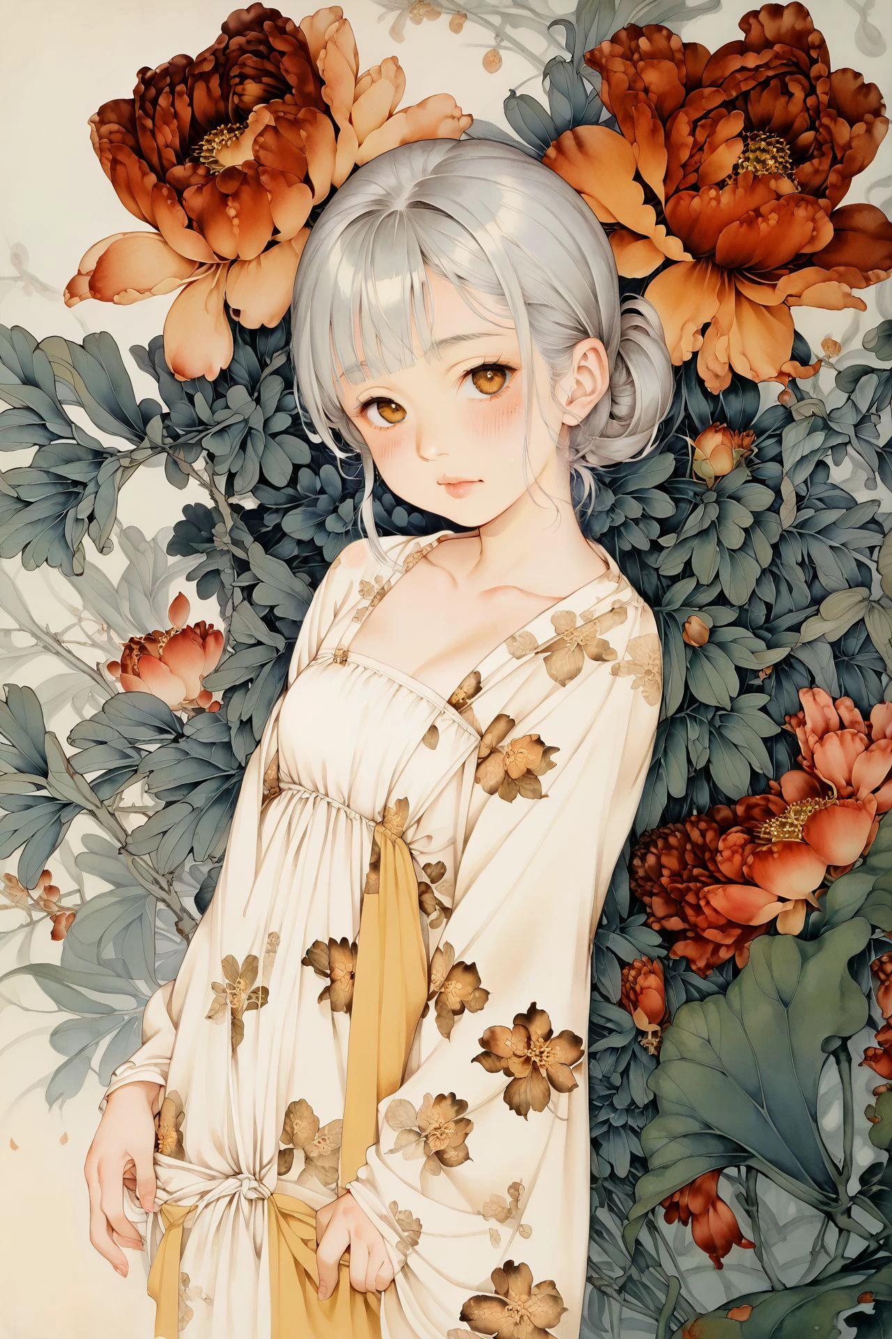 score_7_up, 1girl, solo, blush, looking at viewer, amber eyes, bangs, silver hair, small breasts, floral_background,  <lora:gongbi_PonyXL_style_v01.10.10.02:1>