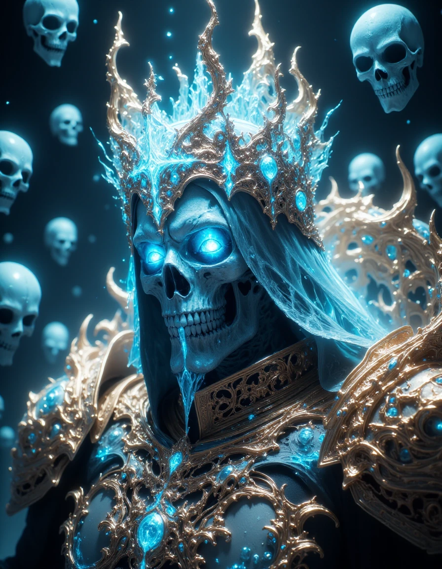 A close-up of an icy and ghostly skeleton king wearing intricate golden armor, with glowing eyes surrounded by translucent skeletons floating in the dark ocean. Rendered in the style of Unreal Engine, with a cinematic, hyper-realistic style. hkdeath, fsstyle<lora:LivingDeathFlux-000001:0.85> <lora:fsstyle:1>