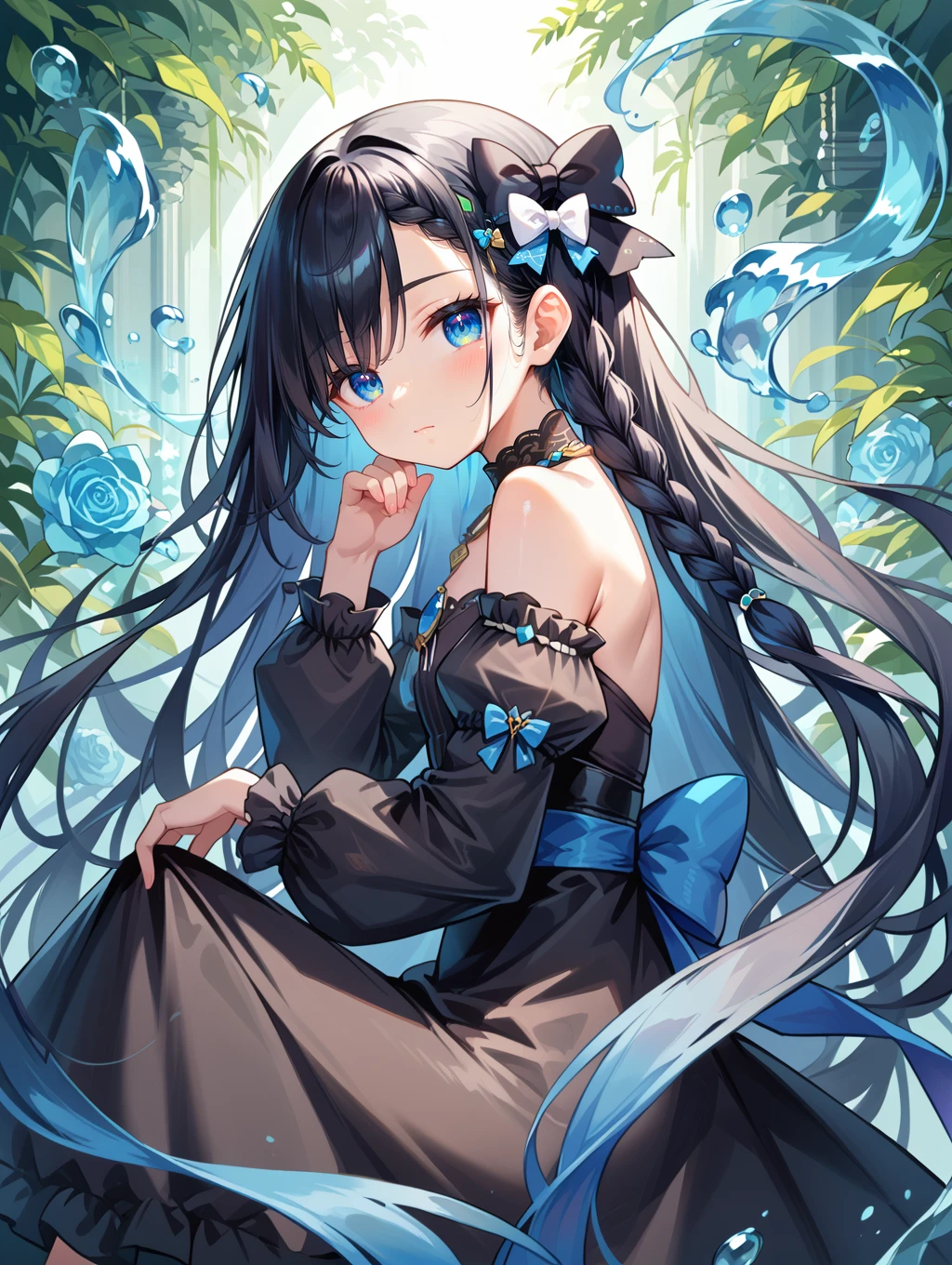 Anime girl with long black hair and blue eyes sitting in a garden ...