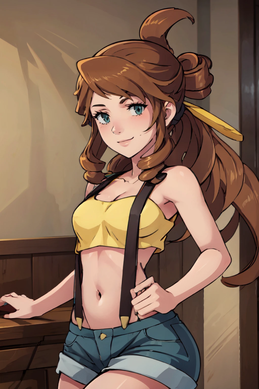 ((masterpiece,best quality)), absurdres,  BREAK, , <lora:Flora_Nanadan_Tenchi:0.8>,  flora, brown hair, drill hair, cleavage, hair ornament, jewelry, ponytail,  , BREAK,  <lora:Misty_Pokemon_Cosplay_v3:0.8>,  misty (pokemon) (cosplay), yellow crop top, suspenders,, BREAK, solo, smile, looking at viewer, cowboy shot,