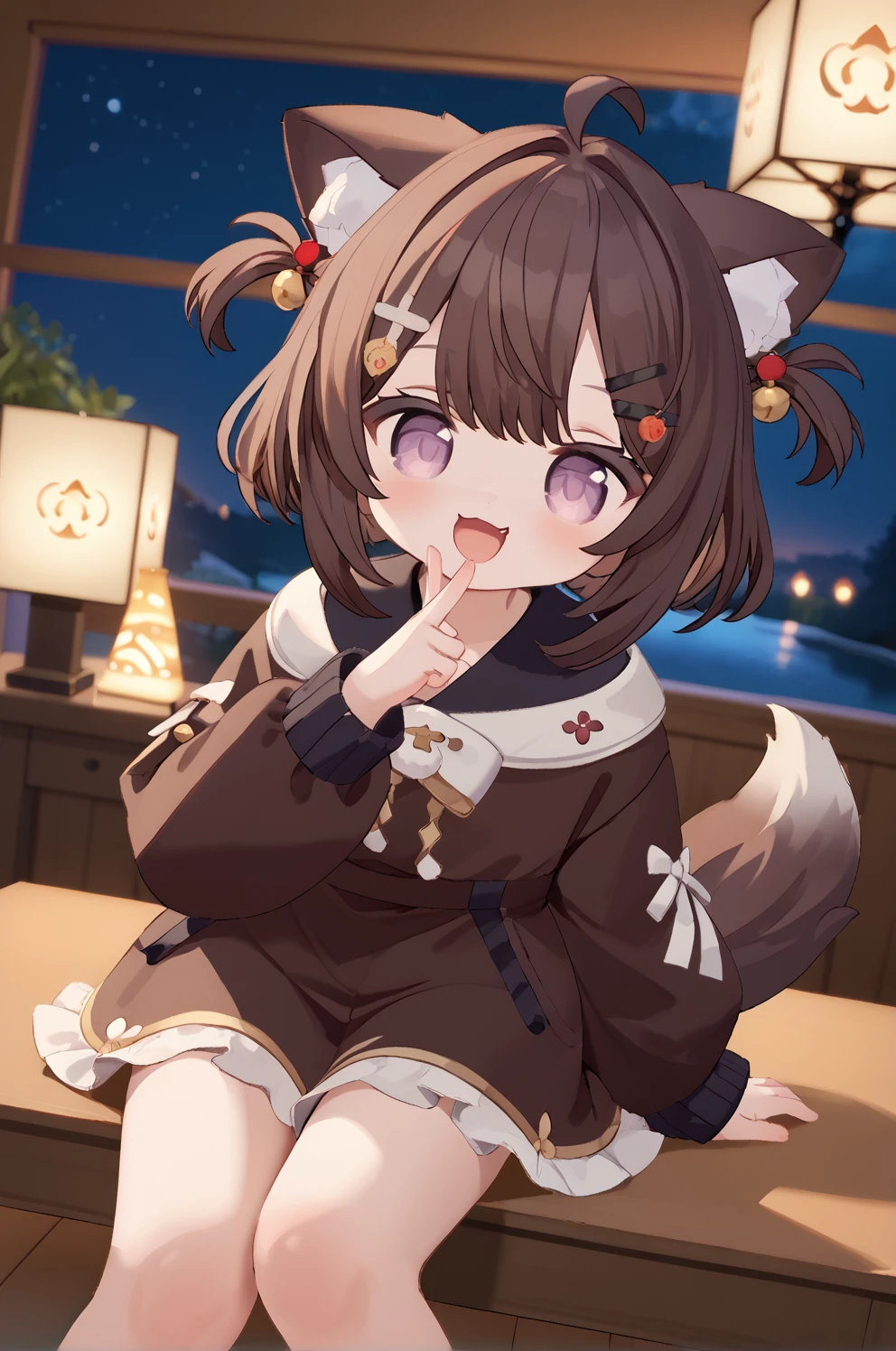 score_9, score_8_up, score_7_up,source_anime, 1girl, sn0w0inari, cute, brown hair, animal ears, hair ornament, twintails, animal ear fluff, short hair, purple eyes, sitting on table, very happy face, indoors, volumetric lighting, masterpiece, very dark, no light, night, lake background