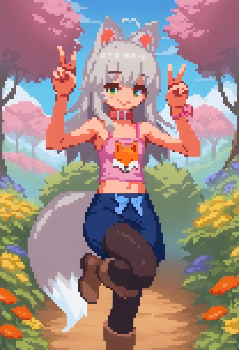 score_9, score_8_up, score_7_up, source_anime, animal ears, grey hair, long hair (hidden ears) tail, green eyes, collar, small breasts, flat chest, pink camisole, midriff, navel, shorts, black pantyhose, boots, brown boots, looking at viewer, smile, happy, blush, V, double V, standing on one leg, outdoors, blue sky, cowboy shot,