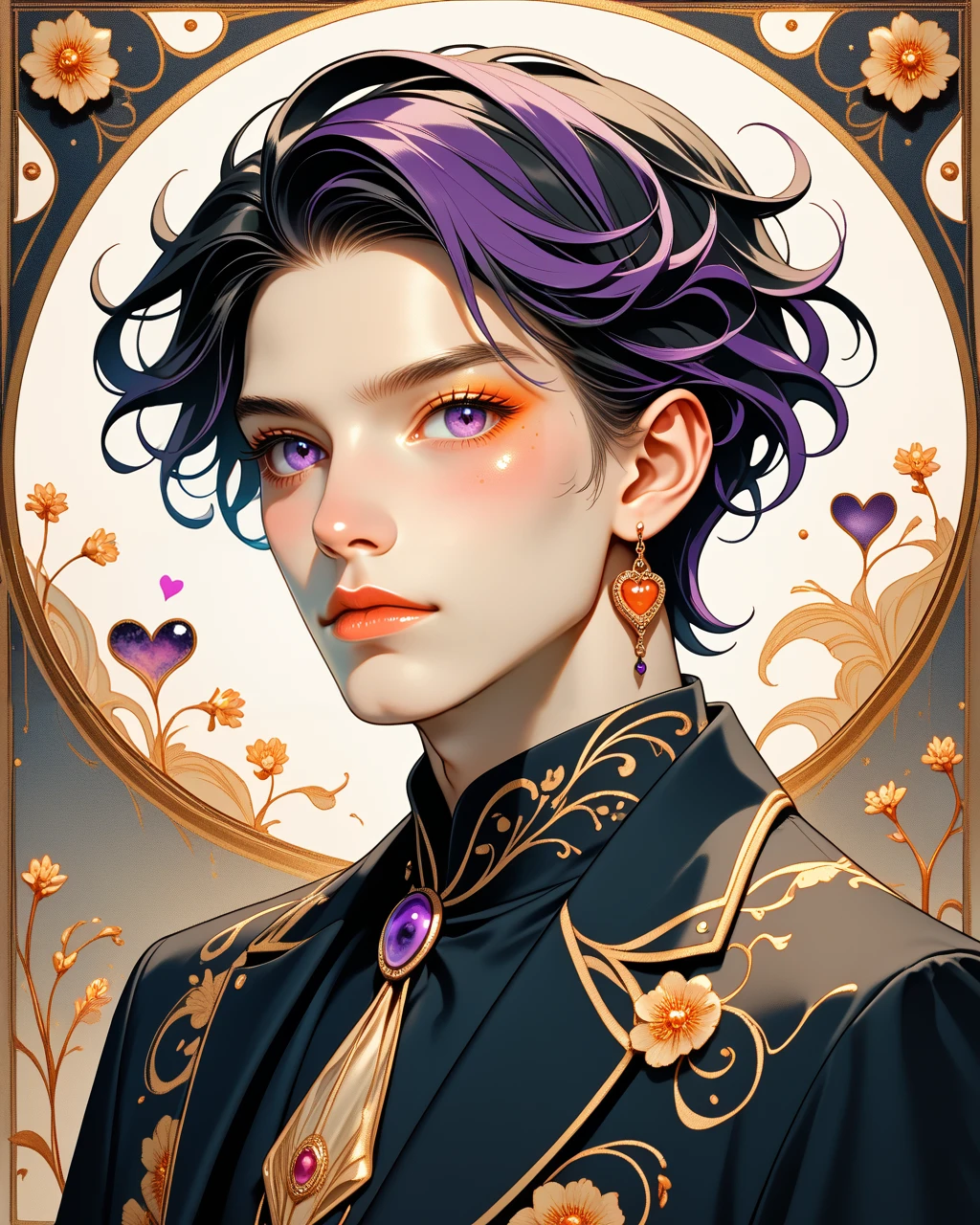 score_9, score_8_up, score_7_up, 1boy, male, short hair, black colored hair, hearts, purple eyes,  <lora:neonifm:1> neonifm, sharp, high-definition detailin, color palette, art nouveau influence, baroque-inspired elegance, modern digital Illustration, pop surrealism, rococo elements, glamour, fashion Illustration, glow effect on skin, soft focus around