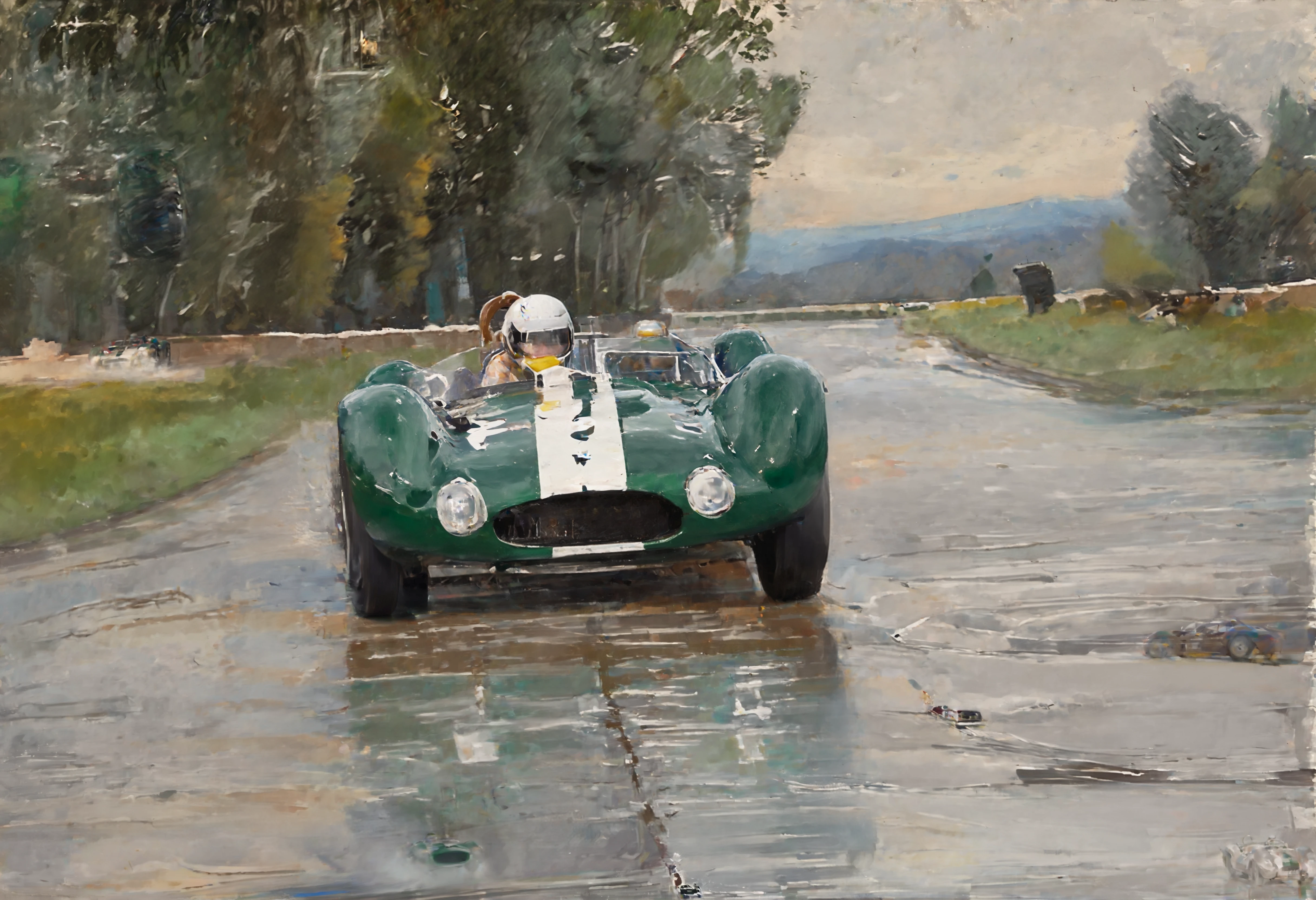 a dynamic action wcxl watercolor painting (in the style of Antonio Donghi:1.0), of a Mocha Brown mazer8t_t1po6l sports car with Racing Green stripes, front view, late afternoon rain thunderclouds fog and (splashes:1.5), driver checkered flag (on a high-speed left-hand curve at the Imola race track:1.25), motion blur, dark moody low-key, 