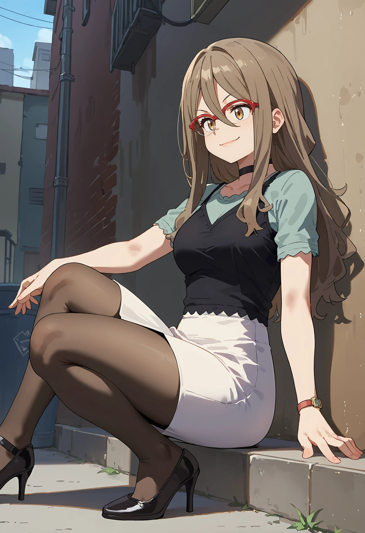 score_9, score_8_up, score_7_up, source_anime, 1girl, solo, Nakahar3Mizuk3, brown eyes, long hair, brown hair, hair between eyes, black choker, red-framed eyewear, over-rim eyewear, CasualOutfit, white skirt, pencil skirt, black pantyhose, black footwear, high heels, outdoors, against wall, sitting, smirk, alley, <lora:Mizuki Nakahara - Lycoris Recoil v2:1>,