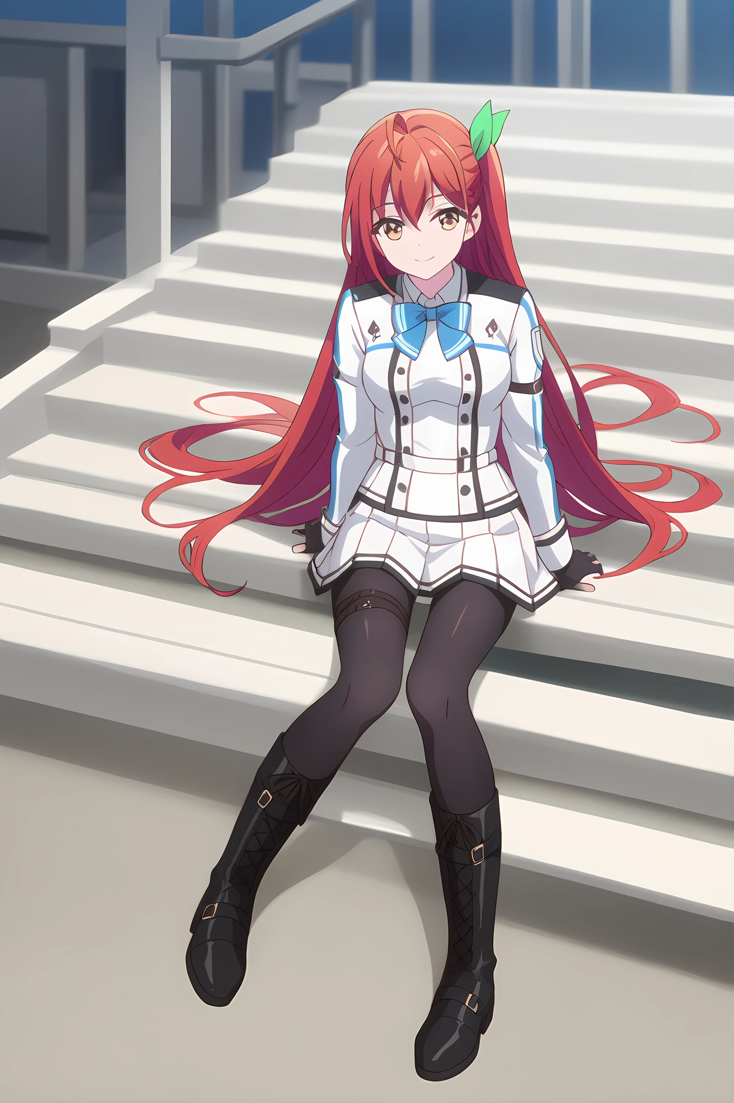 (white jacket white skirt black pantyhose black boots:1.20), gg-leoleshea, red hair, long hair, hair ribbon, medium breasts, 1girl, solo, (skinny, petite), score_9, score_8_up, score_8, score_7_up, score_7, score_6_up, score_6, score_5_up, score_5, source_anime, happy, night sky outdoors, (1.3::full body|0.3::sitting|0.4::standing|0.4::lying|straight-on|0.6::close-up| :1.20), feet, <lora:gg-leoleshea-V01-000003:0.90>