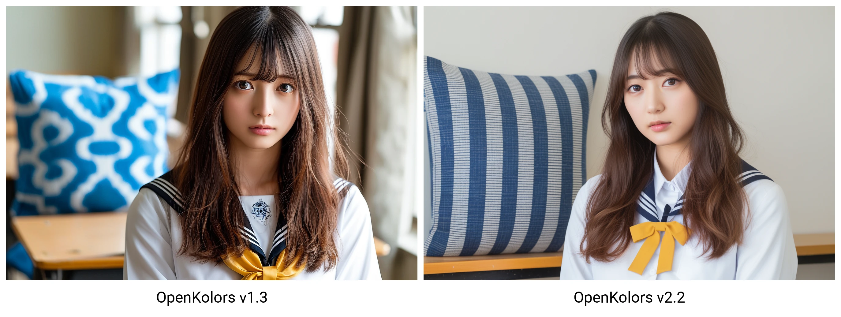 çå®é£æ ¼, realistic photo, ä¸ä¸æ äº, a young woman with long brown hair and a white high school uniform adorned with blue stripes and a yellow bow. She appears to be standing indoors, possibly near a classroom or a school environment with a blue and white patterned cushion partially visible in the background. long hair, brown hair, realistic, solo, school uniform, jacket, photorealistic, skirt