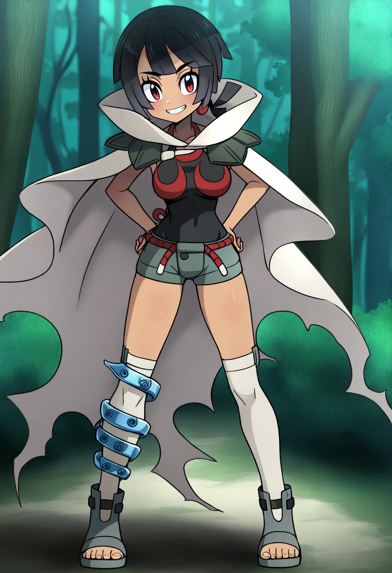 best quality, amazing quality, very aesthetic, absurdres,
1girl, zinnia, black hair, short ponytail, red eyes, dark skin,
grey cloak, black shirt, sleeveless shirt, short shorts, thighhighs, toeless shoes,
standing, hands on hips, solo, full body, smile, looking at viewer, forest background   <lora:ZinniaIllustriousXL_byKonan:1>