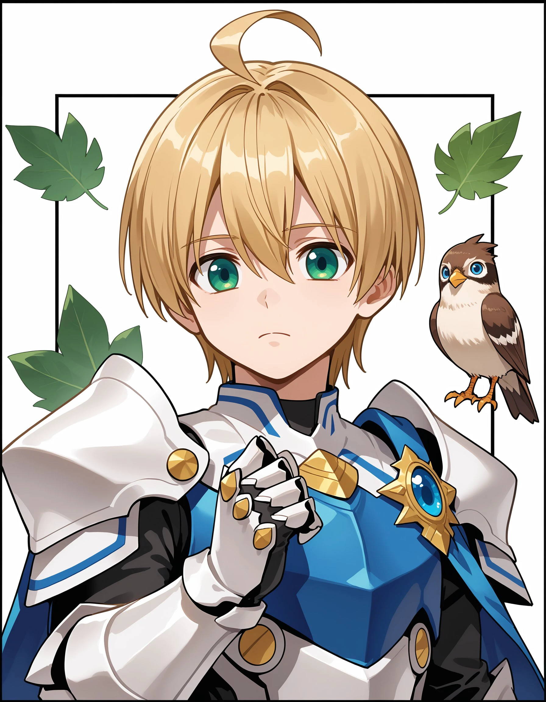 (masterpiece), best quality, expressive eyes, perfect face, chungs, solo, looking at viewer, short hair, blue eyes, blonde hair,  1boy, white background, hair between eyes, closed mouth, green eyes, upper body, ahoge, male focus, armor, bird, leaf, border, shoulder armor, gauntlets, black border, bird on hand, <lora:0d91c3ed-7ac8-4456-92cb-8f528783116d:0.7>