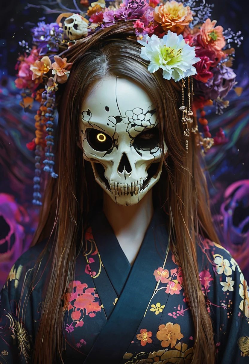 1girl, solo, long hair, looking at viewer, brown hair, brown eyes, yellow eyes, upper body, flower, japanese clothes, kimono, mask, floral print, one eye covered, black kimono, (skull mask), 
rim light, surreal, vibrant, .score_9, score_8_up, score_7_up,