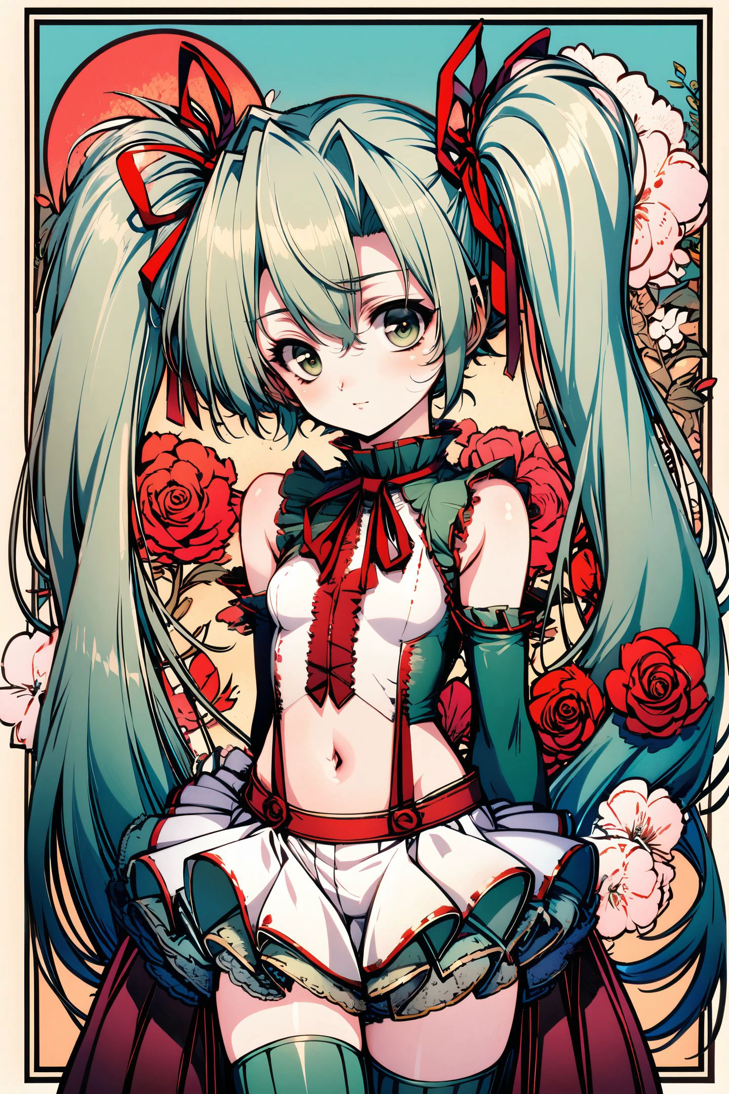 1girl,solo,twintails,hatsune miku,long hair,thighhighs,detached sleeves,ribbon,skirt,red ribbon,navel,green eyes,hair ribbon,green hair,very long hair,breasts,flower,small breasts,white skirt,rose,zettai ryouiki,cowboy shot,looking at viewer,green thighhighs,border,
<lora:Old Fashioned Celluloid_XL:1>,