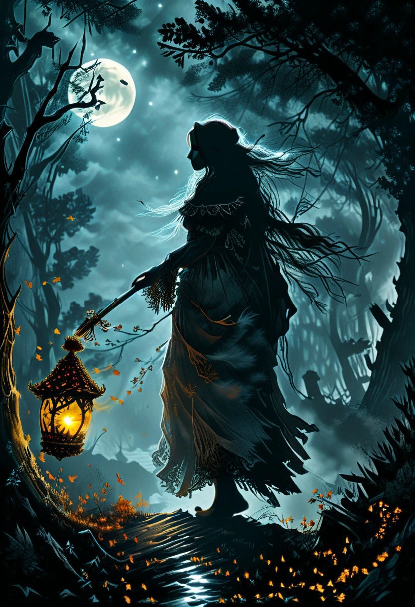 "Baba Yaga is silhouetted against the moonlight. She flies on her broom above a dark forest, the wind blowing her long hair. In her hand she holds a crystal that emits an eerie light."