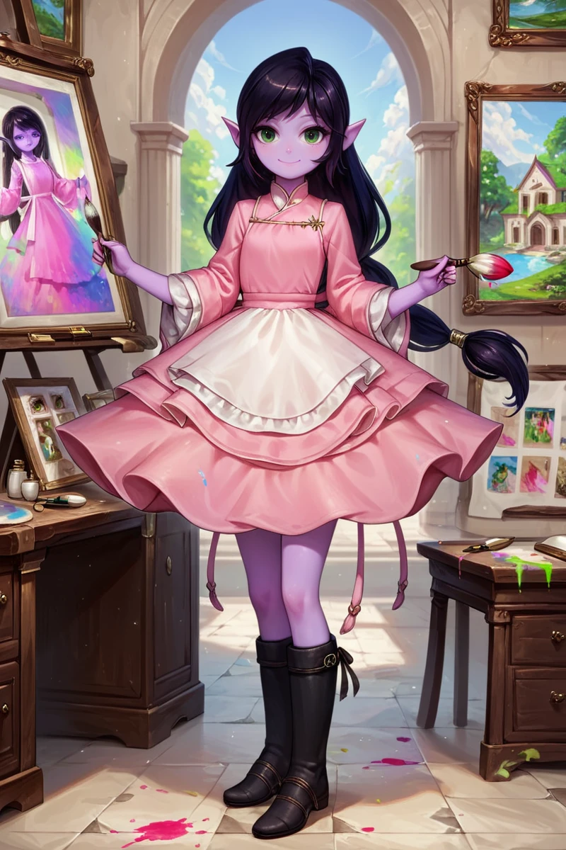 <lora:Abigail_2:0.9>, score_9_up, score_8_up, abigaillora, solo, elf, purple skin, black hair, green eyes, eyelashes, smile, standing, full body, clothing, looking at viewer, holding object, dress, aprin, black boots, museum, detailed background, paintbrush, pink dress