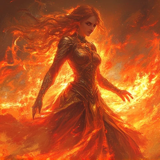 fantstyle, This digital painting, rendered in a dramatic, high-definition style, depicts a powerful, mystical scene. The central figure is a woman, likely of fantasy genre, standing amidst an inferno. She has a stern, focused expression, with piercing eyes that seem to reflect the intense, swirling flames around her. Her long, fiery hair is flowing wildly, blending with the flames, giving a sense of her connection to the fire.