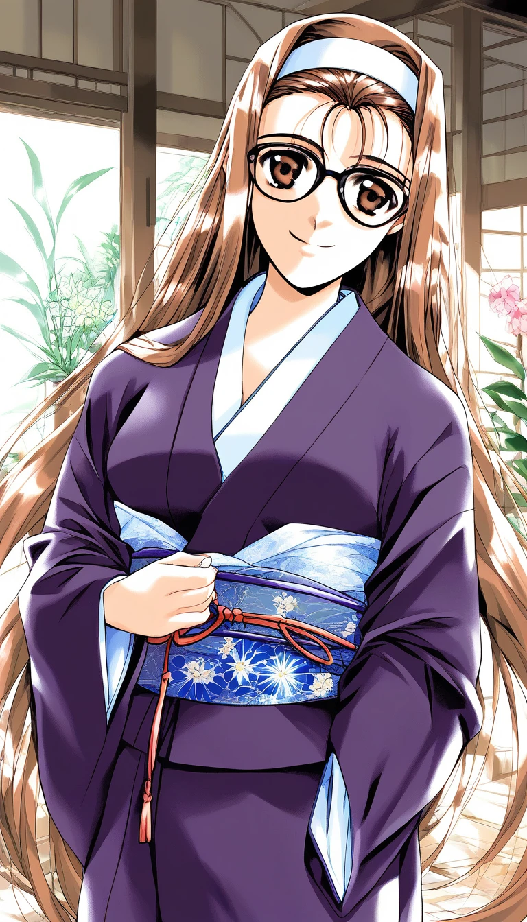 score_9, score_8_up, score_7_up, source_anime, rating_explicit, BREAK  <lora:Mizuno_Tomomi_XL:1> Mizuno_Tomomi, brown hair, glasses, black-framed eyewear, white hairband, brown eyes, very long hair, medium breasts,
 1girl, solo, japanese clothes, kimono, haori, indoors, smile, long sleeves, flower, plant