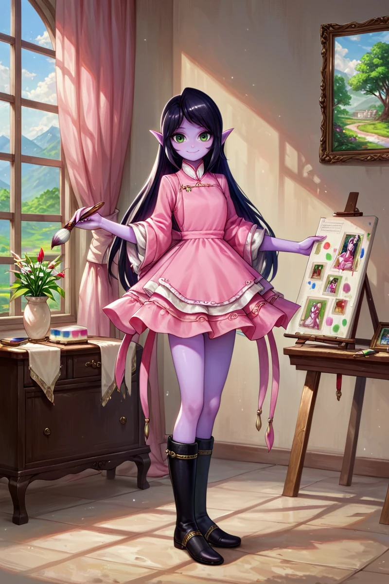 <lora:Abigail_2:0.9>, score_9_up, score_8_up, abigaillora, solo, elf, purple skin, black hair, green eyes, eyelashes, smile, standing, full body, clothing, looking at viewer, holding object, dress, aprin, black boots, museum, detailed background, paintbrush, pink dress