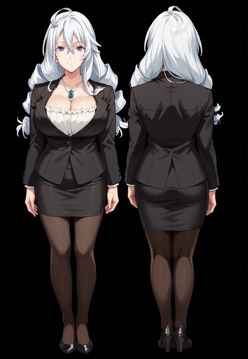 <lora:RitsukaTakesakaNSLT:1> ritsukatakesaka, long hair, drill hair, white hair, purple eyes, large breasts, RitsukaSuit,pendant, necklace, glasses, black jacket, cleavage, white shirt, black skirt, pantyhose, pencil skirt, looking at viewer, smile <lora:TurnAroundView_epoch_9:1> TurnAroundView, 2Views, facing viewer, 1girl, multiple views, looking at viewer, standing, simple background, full body, black background, from behind, solo, 16k, masterpiece, absurdes, highly detailed, highres, high quality, best quality, score_9, score_8_up, score_7_up, score_6_up, shiny, shiny skin, shiny hair, source_anime, anime screencap, anime coloring, official style, style parody, parody