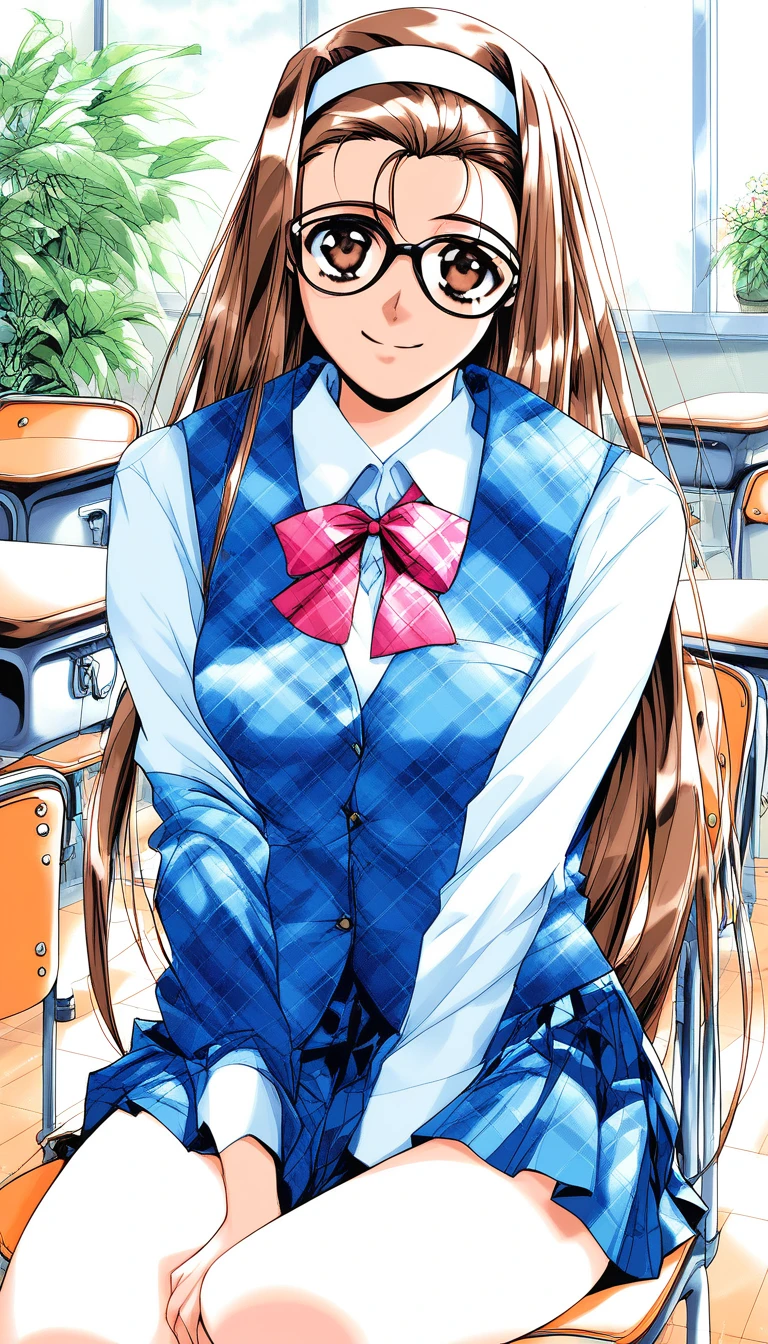 score_9, score_8_up, score_7_up, source_anime, rating_explicit, BREAK  <lora:Mizuno_Tomomi_XL:1> Mizuno_Tomomi, brown hair, glasses, black-framed eyewear, white hairband, brown eyes, very long hair, medium breasts,
indoors, long sleeves, vest, looking at viewer, smile, plaid, school uniform, chair, bow, plant, flower, shirt