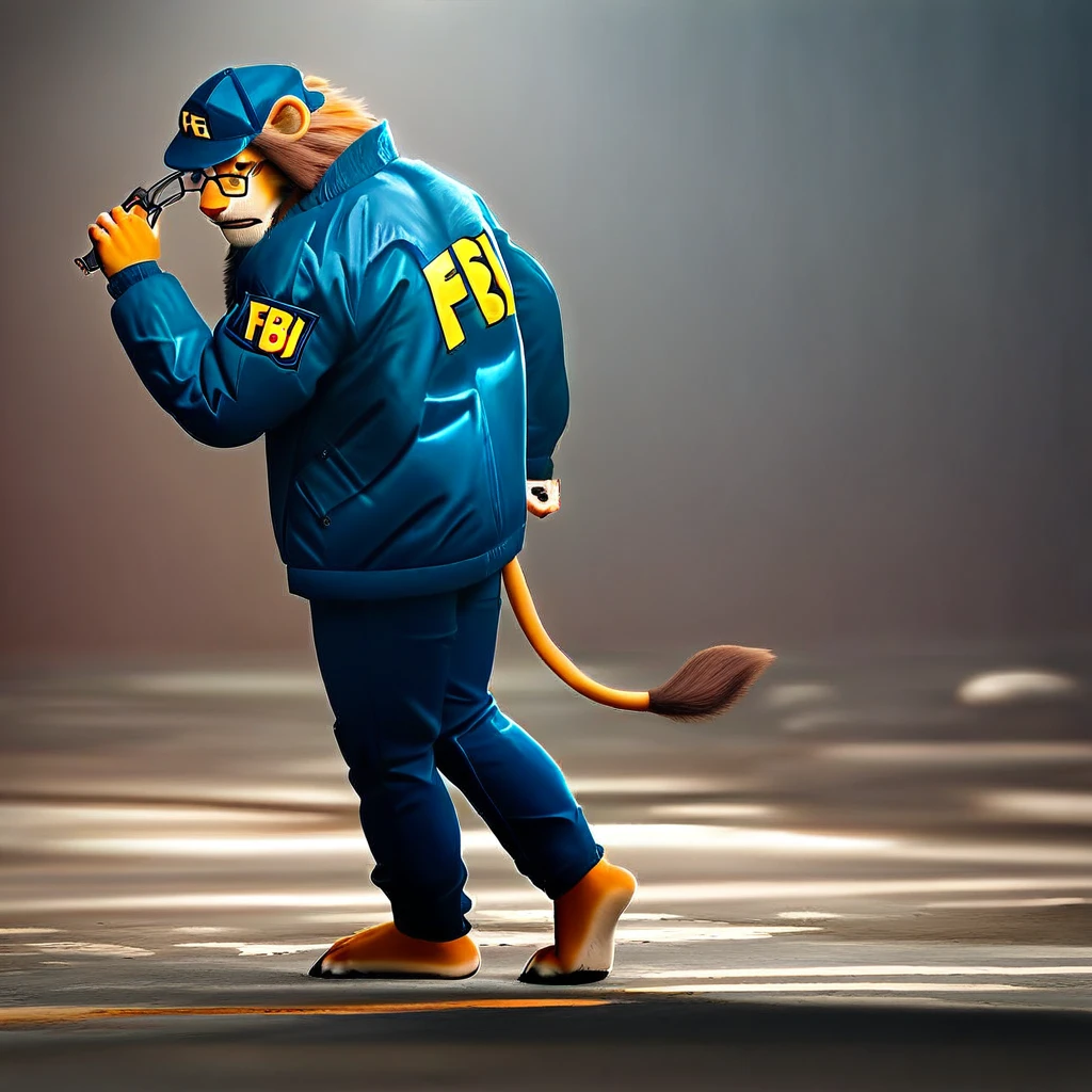 score_9, score_8_up, score_7_up, (((source_furry))), (((barefoot))), (((furry male))), full body, dynamic pose, dynamic composition, Skiny anthro furry lion with green eyes, (((wears blue FBI_outfit, FBI jacket and blue FBI baseballcap))), wears long blue pants, wears black toeless boots, sneaking through a deserted sewer, cowering behind a wall, holding a revolver in both hands, holding glock, hi-tech communicator in one ear, glasses for night vision