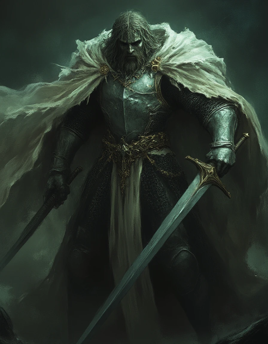 The image is a digital painting in a dark, gritty fantasy style. The central figure is a massive, imposing knight with ornate platebody and tassets. He is wielding a large sword. His eyes are fierce and intense, with a piercing gaze.
fantstyle  <lora:Fantasy_DnD_Illustration_Style:1>