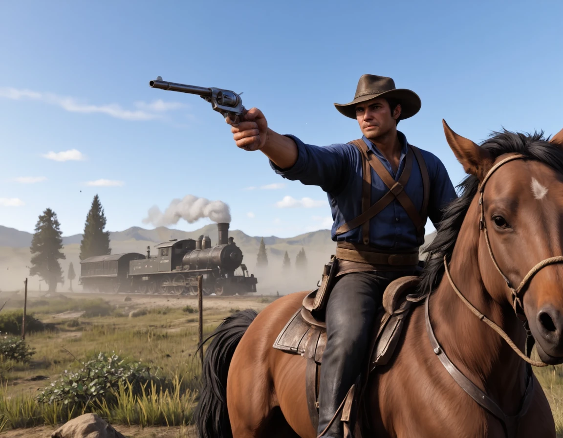 realistic photo b4a. The image shows a man on a horse, holding a gun in his right hand and pointing it towards the right side of the image. He is wearing a cowboy hat and a blue shirt, and is sitting on the back of a brown horse. The horse is tied with a rope around its neck and is looking towards the camera. In the background, there is a train with smoke coming out of it, and a train car with a steam engine. The scene is set in a rural area with trees and bushes. The sky is blue and there are a few clouds in the sky. The image is animated, giving it a realistic and action-packed feel. aiming, <lora:B4A_Wild_West_-_Flux1-000018:1>, shadow casting.