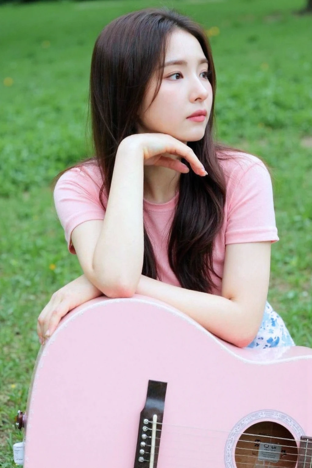 The image shows a young asian woman sitting on the ground outdoors in a grassy area, leaning on a light pink acoustic guitar. She appears to be in a relaxed and contemplative mood, with her arms resting on the guitar and her head slightly tilted as she gazes into the distance. She is dressed casually in a soft pink top and a floral skirt, which complements the peaceful, natural setting. The guitar adds a musical and artistic element to the scene, and the overall vibe is calm, introspective, and serene, perhaps evoking a sense of creativity or reflection.,<lora:flux_realism_lora:1>, . <lora:makinaflux_shinsekyung_v1.0:1>