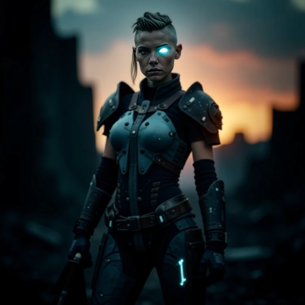 As the twilight's dim light casts an ethereal glow, a vikingpunk warrior stands proudly amidst the post-apocalyptic ruins, her advanced exosuit emitting bioluminescent electricity. Her undercut hair with shaved sides, framing her determined expression heterochromia eyes with one mechanical dimly lit eye and one natural eye, full of purpose. She wields a futuristic battleaxe, its edge shimmering with power, prepared for any trial. The desolate landscape, marked by rust and wear and heavy patina of her exosuit and weapon, becomes a stage for her resilience. The exosuit, covering her torso and legs, showcases a blend of ancient Viking culture and futuristic technology, leaving a lasting impression of strength and adaptability in this harsh, Nordic-inspired world. <lora:flux/The beauty of realism (FLUX)>, Beauty, chiaroscuro, play of shadow and light, realistic. <lora:flux_trainer/vikingPunk_v2_rank64_bf16-step01500:0.8>, <lora:postApocalypse_v1:0.6>, <lora:flux/Sinfully_Stylish_.02_for_FLUX-000002>, <lora:flux/aidmaImageUpgrader-FLUX-V0.1>, detailmaximizer, <lora:flux/perfection style v1>, perfection style, <lora:Magic of Art 2 (FLUX)>, Cinematic style, Beauty, Realism, Photorealism, Chiaroscuro, High quality,