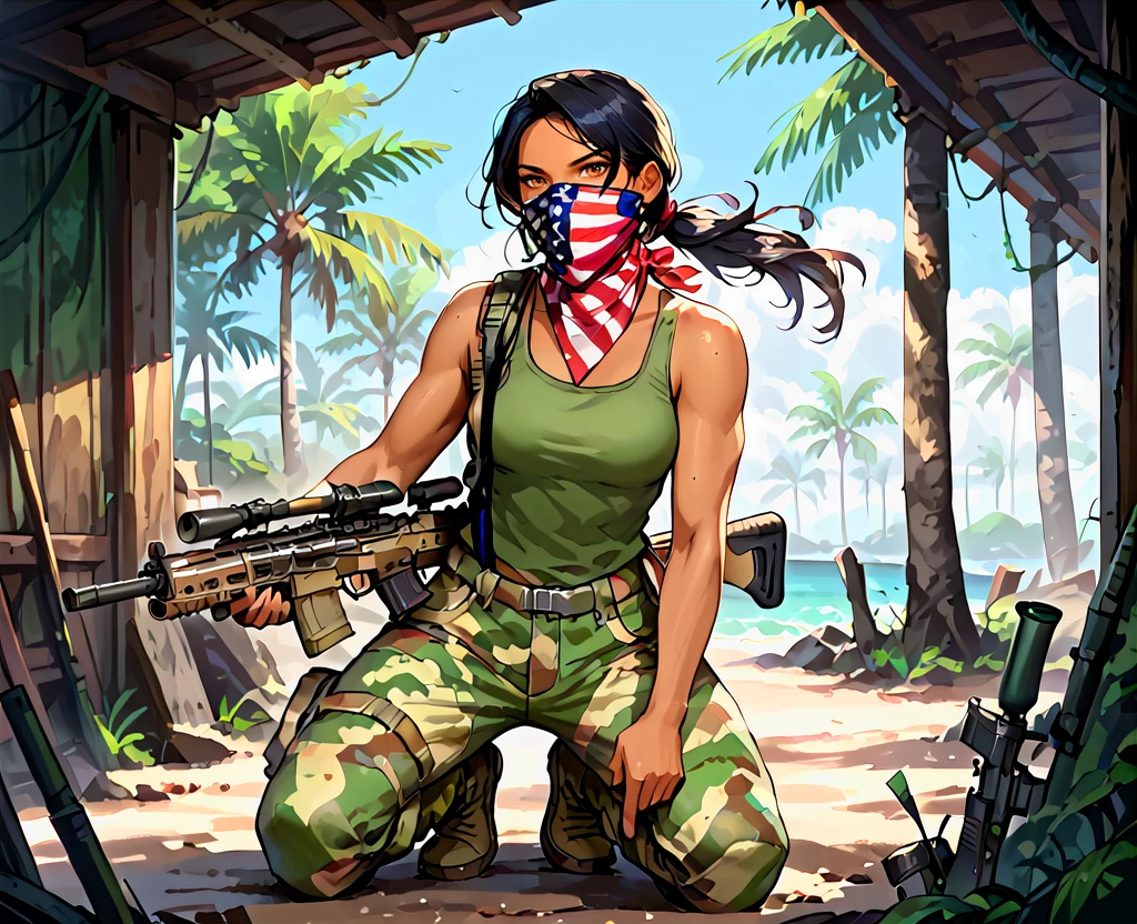 (score_9, score_8_up, score_7_up),  <lora:Miss_Militia:1> 1girl, hanna, w0rm, solo, green tank top, camouflage pants, bandana flag print mask, ponytail, brown eyes, black hair, long hair, female focus, dark-skinned female, kneeling, aiming rifle,