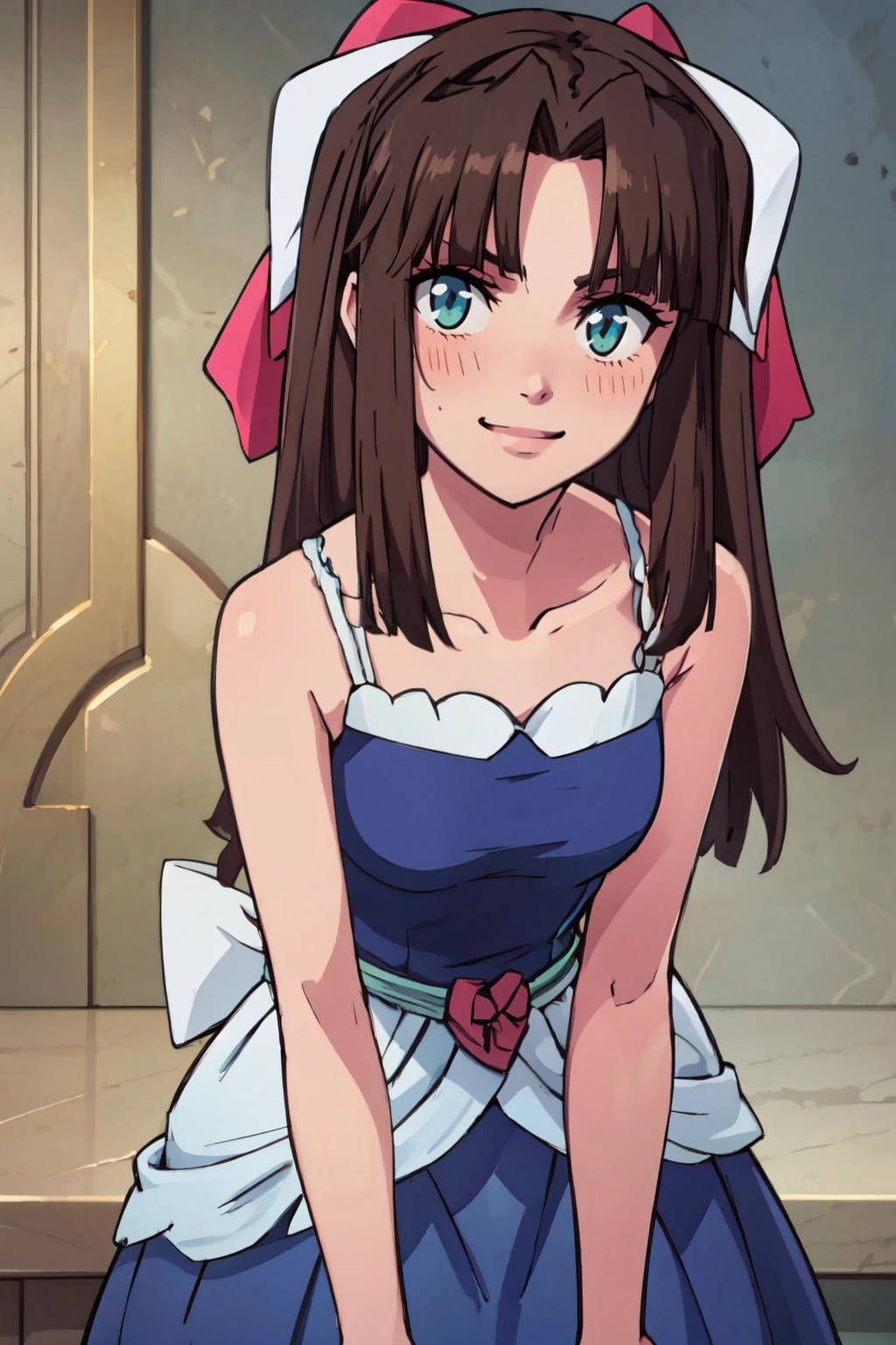 ((masterpiece,best quality)), absurdres,  BREAK, , <lora:Maria_Nanadan_Tenchi:0.8>,  maria, brown hair, pink bow, (blue dress),  , BREAK, leaning forward, head tilt, blush, upper body,, BREAK, solo, smile, looking at viewer, cowboy shot,